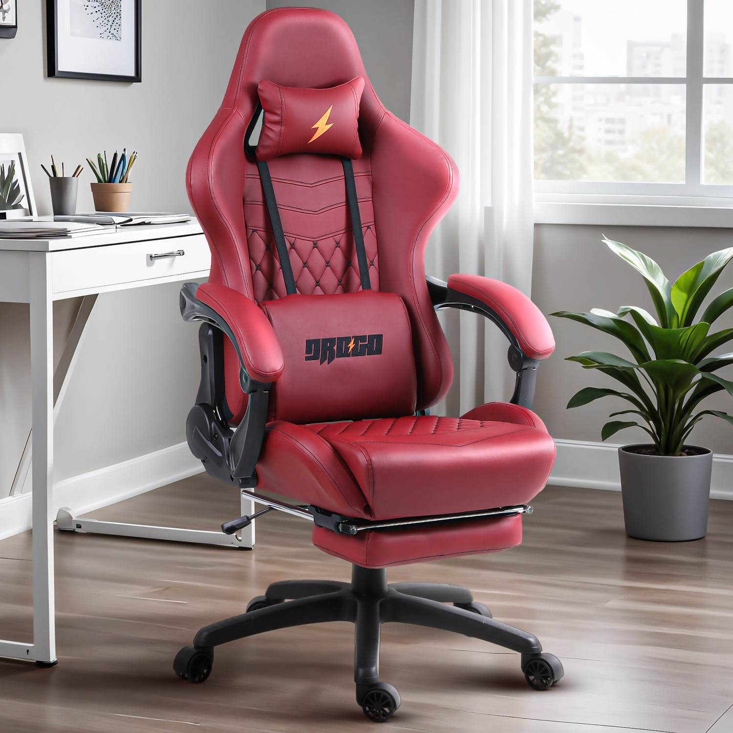 Image of Drogo Ergonomic Gaming Chair with Head & USB Massager, PU Leather Lumbar Pillow Gaming Chair (Red)