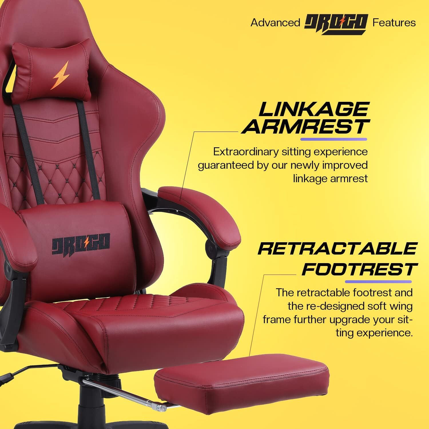 Image of Drogo Ergonomic Gaming Chair with Head & USB Massager, PU Leather Lumbar Pillow Gaming Chair (Red)
