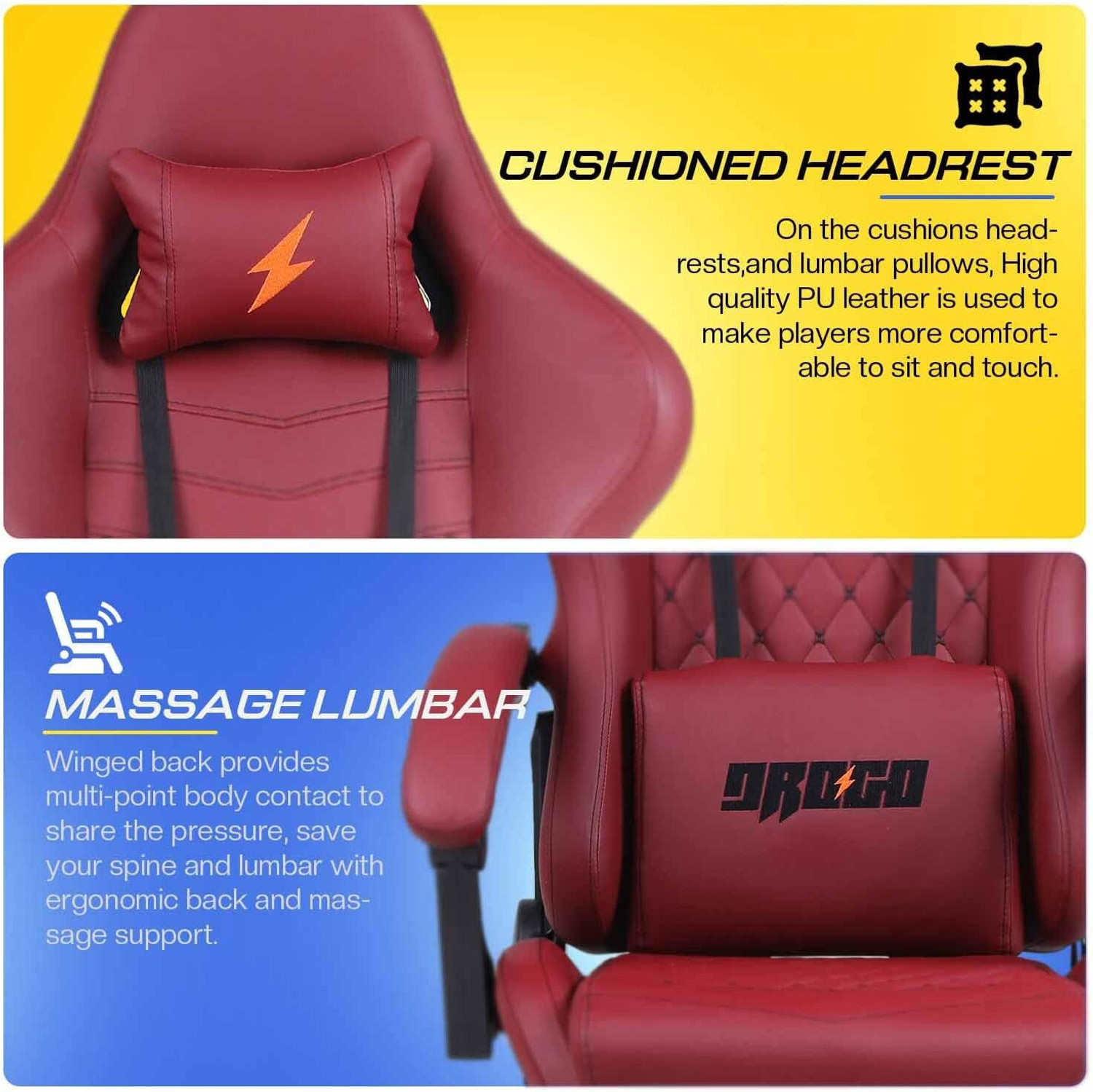 Image of Drogo Ergonomic Gaming Chair with Head & USB Massager, PU Leather Lumbar Pillow Gaming Chair (Red)