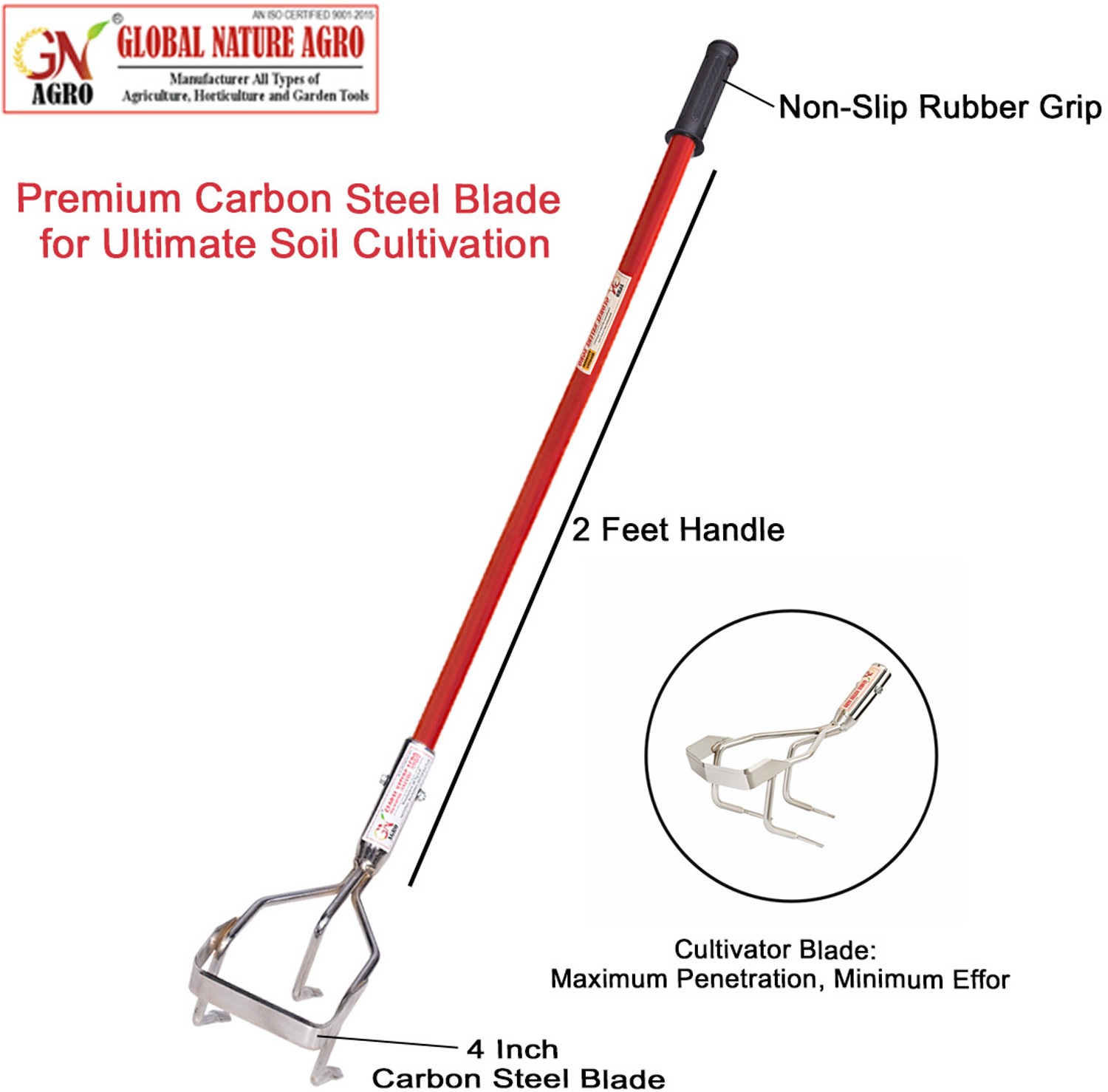 Image of Global Nature Agro Premium Manual Cultivator Weeder Tool - 2 Feet Handle with Non-Slip Rubber Grip Garden Tool Kit (2 Tools)