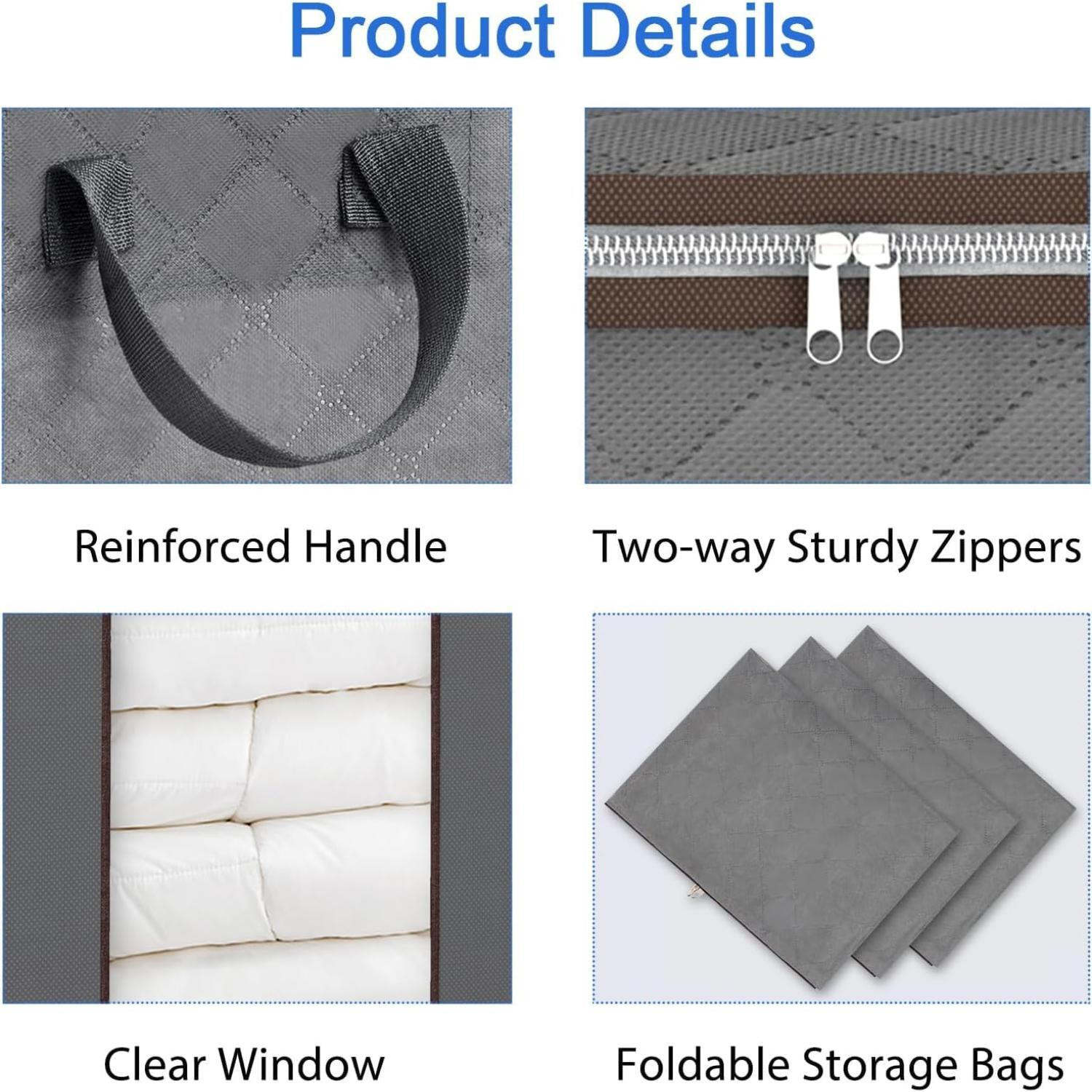 Image of infinity craft Extra Large Blanket Storage Bags 90L Dustproof Transparent Window Pillow Sheet Foldable Clothes Storage Organizer Container Reinforced Handles Breathable For Double Bed Quilt /Saree Bag /Lehnga Storage & Wardrobe Organizing (Set of 4) (Grey)