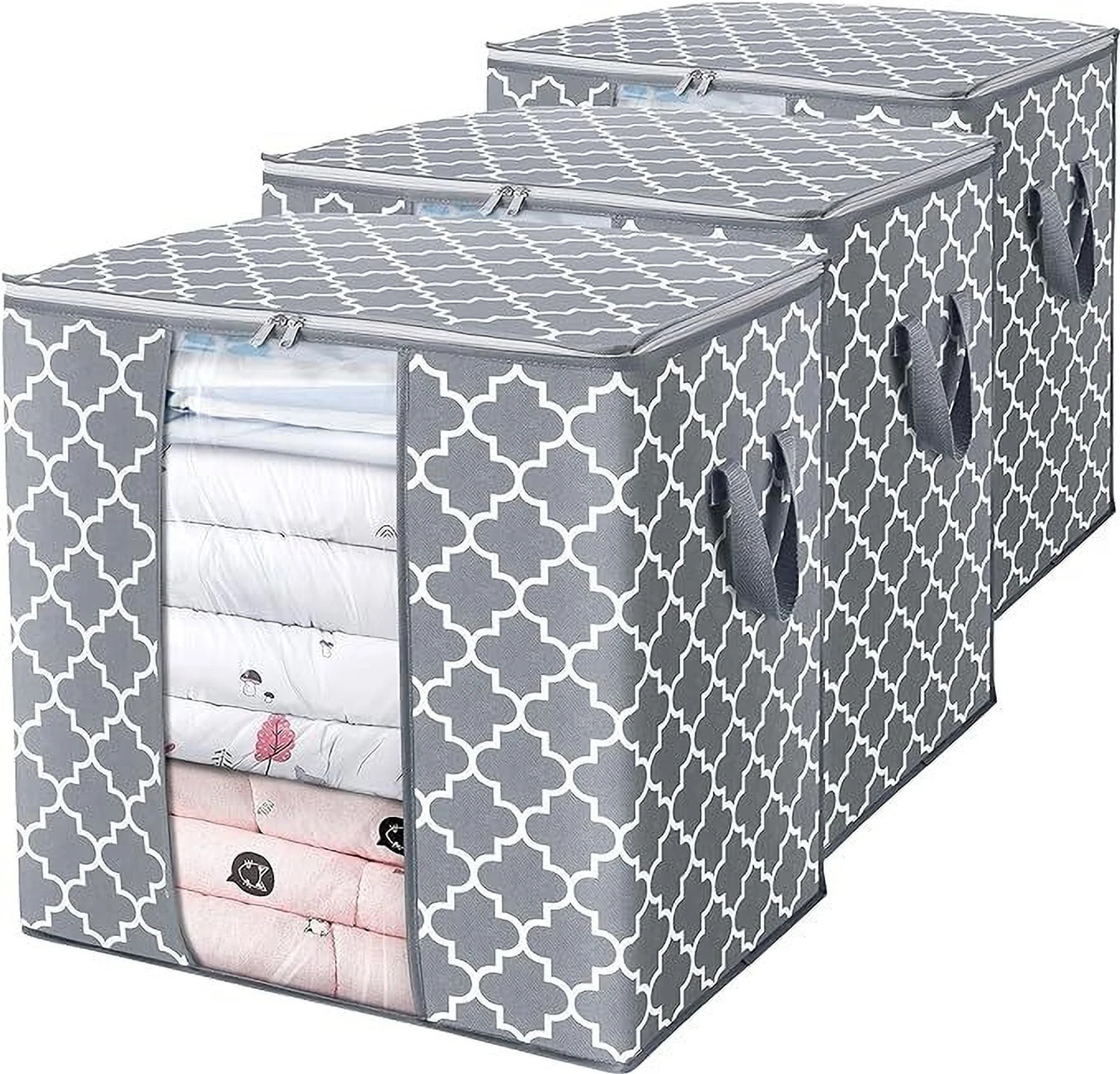 Image of infinity craft Extra Large Blanket Storage Bags 90L Dustproof Transparent Window Pillow Sheet Foldable Clothes Storage Organizer Container Reinforced Handles Breathable For Double Bed Quilt /Saree Bag /Lehnga Storage & Wardrobe Organizing (Set of 4) (Grey)