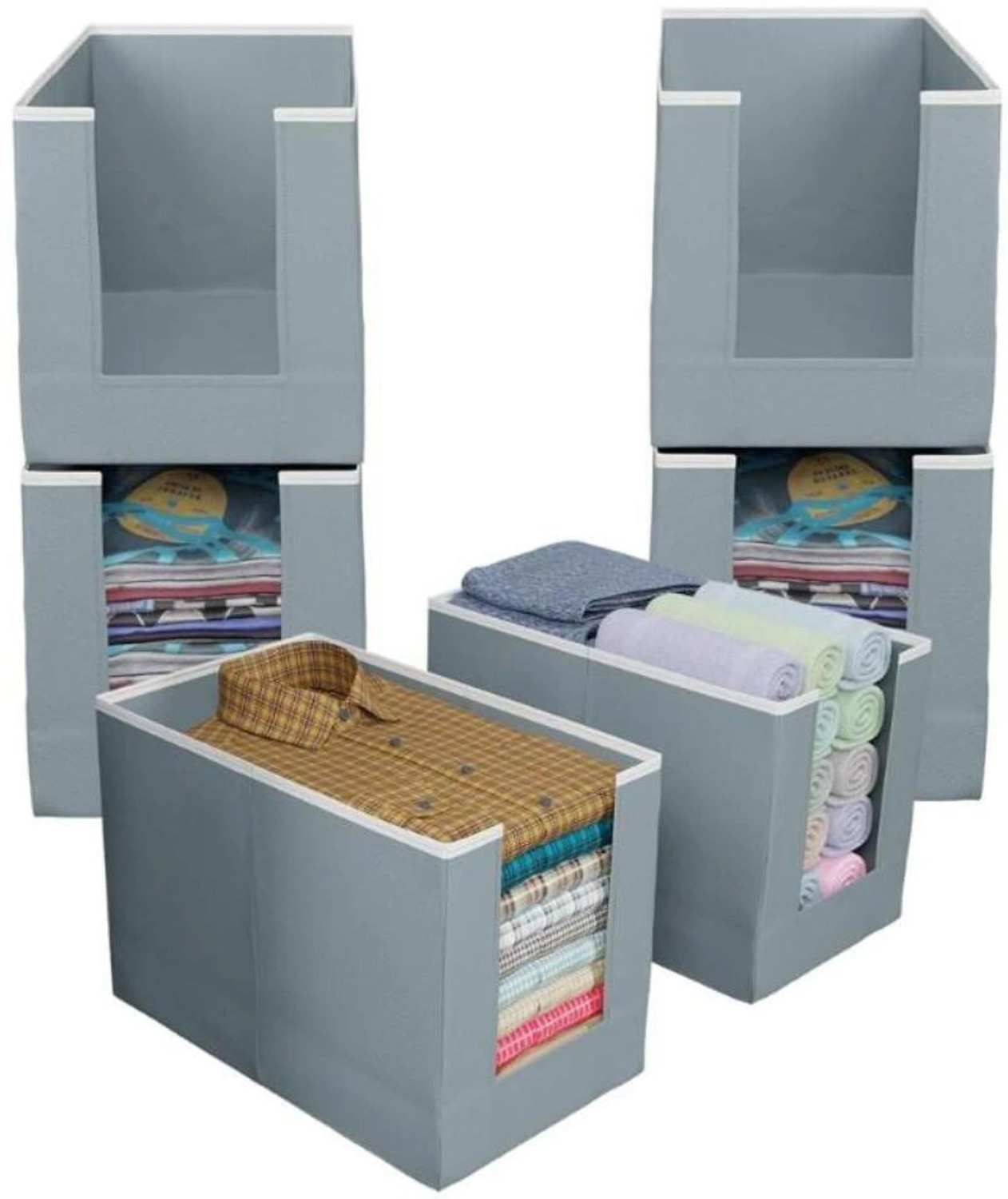 Image of IMCREATIONS 6 Pieces Non Woven Large Capacity Shirt Stacker Cloth Foldable & Stackable Cupboard Wardrobe /Closet Organizer with Handle For T-shirts, Shirts & Clothes (PACK6) (Grey)