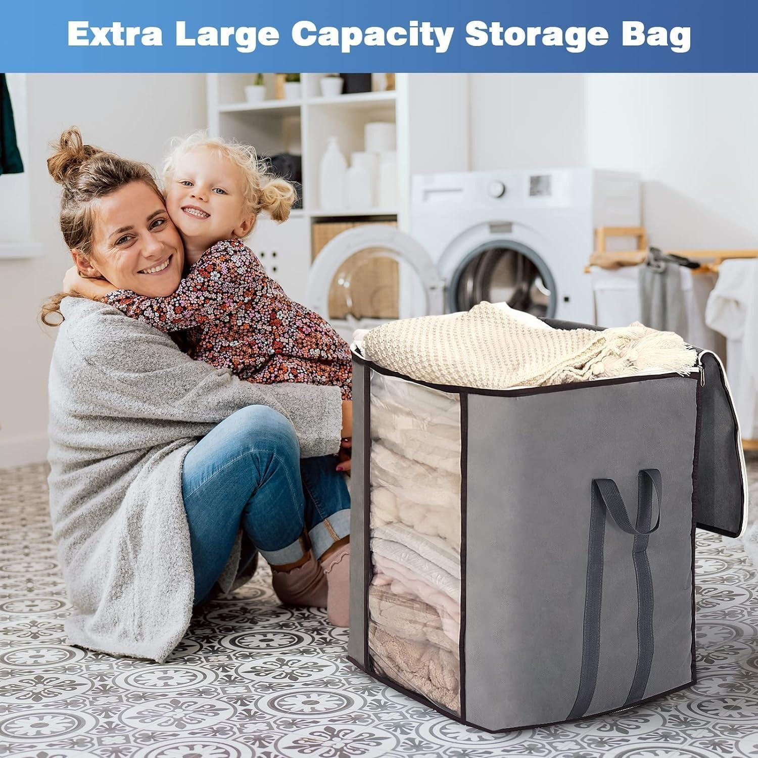 Image of infinity craft Extra Large Blanket Storage Bags 90L Dustproof Transparent Window Pillow Sheet Foldable Clothes Storage Organizer Container Reinforced Handles Breathable For Double Bed Quilt /Saree Bag /Lehnga Storage & Wardrobe Organizing (Set of 4) (Grey)