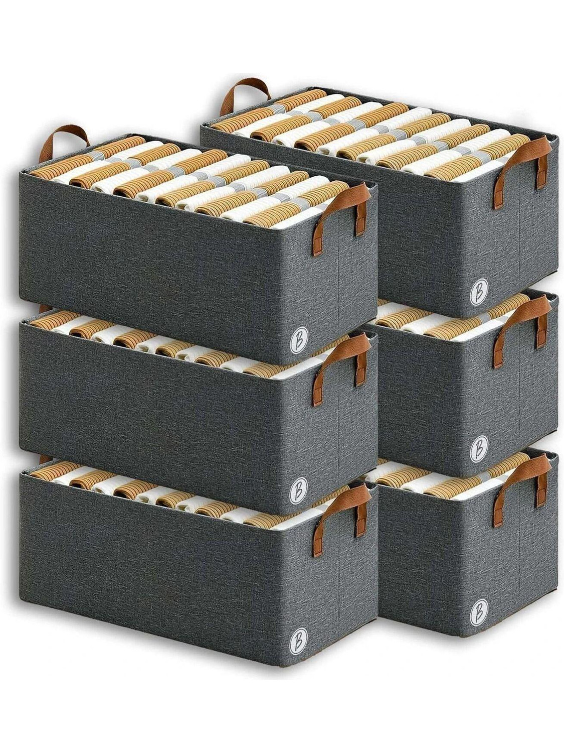 Image of IMCREATIONS 6 Pieces Non Woven Large Capacity Shirt Stacker Cloth Foldable & Stackable Cupboard Wardrobe /Closet Organizer with Handle For T-shirts, Shirts & Clothes (PACK6) (Grey)