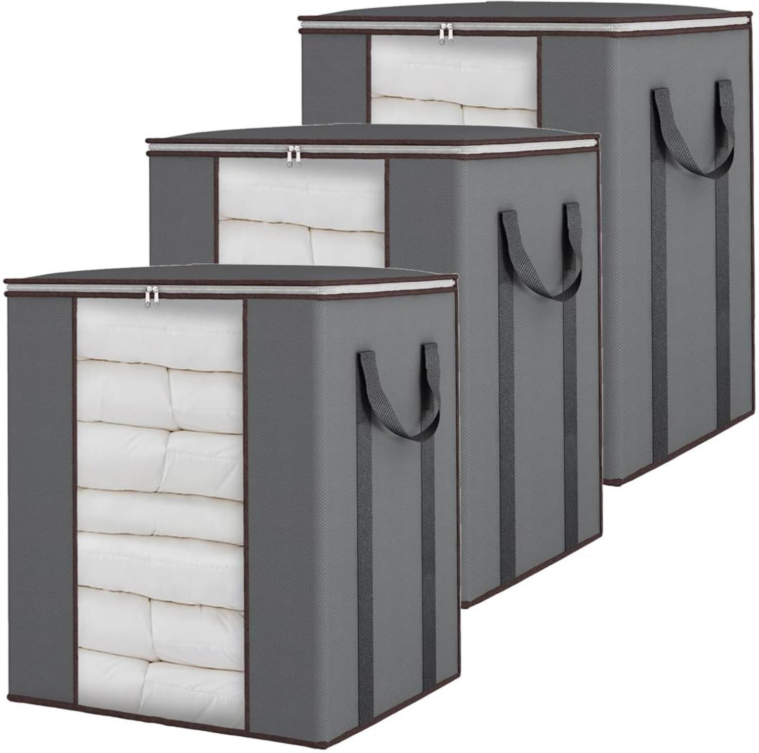 Image of infinity craft Extra Large Blanket Storage Bags 90L Dustproof Transparent Window Pillow Sheet Foldable Clothes Storage Organizer Container Reinforced Handles Breathable For Double Bed Quilt /Saree Bag /Lehnga Storage & Wardrobe Organizing (Set of 4) (Grey)