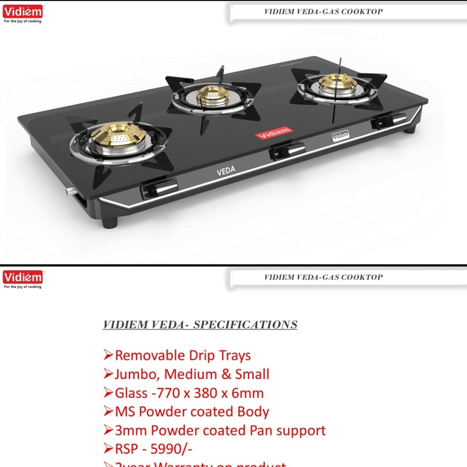 Image of Vidiem VEDA GS G3 309A COOKTOP Glass Manual Gas Stove (3 Burners)