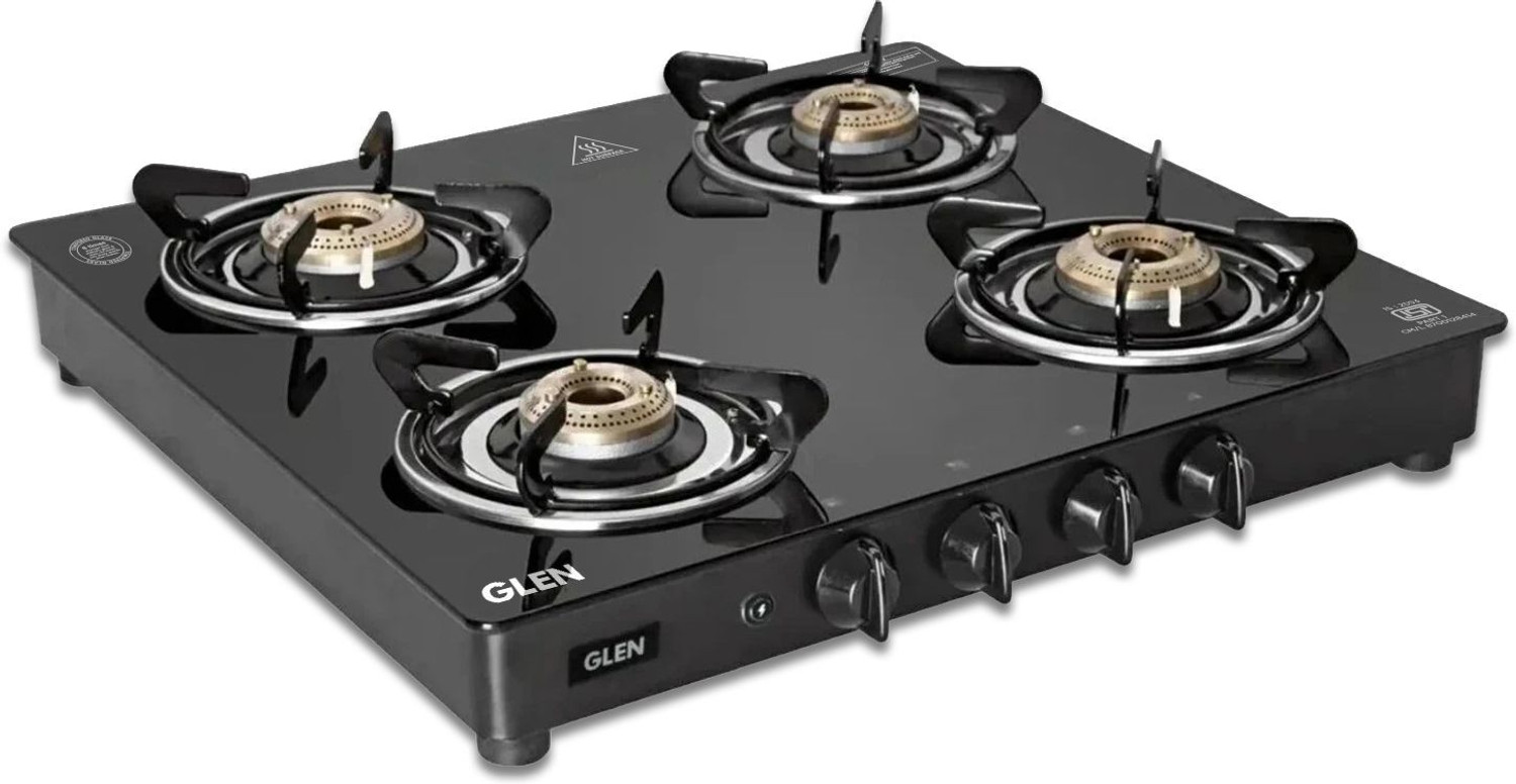 Glen Crystal LPG Gas Stove 4 Burner | 360 Revolving Nozzle|Glass top|2 Year Warranty Glass Automatic Gas Stove