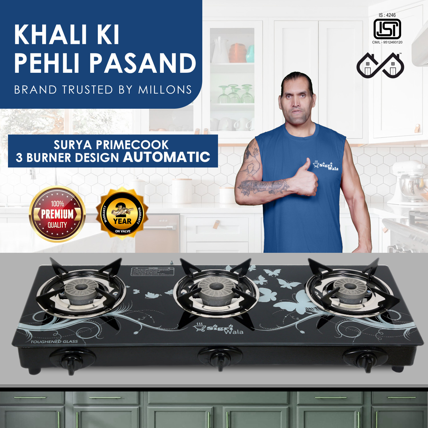 Image of SURYA APEX Glass Automatic Gas Stove (3 Burners)
