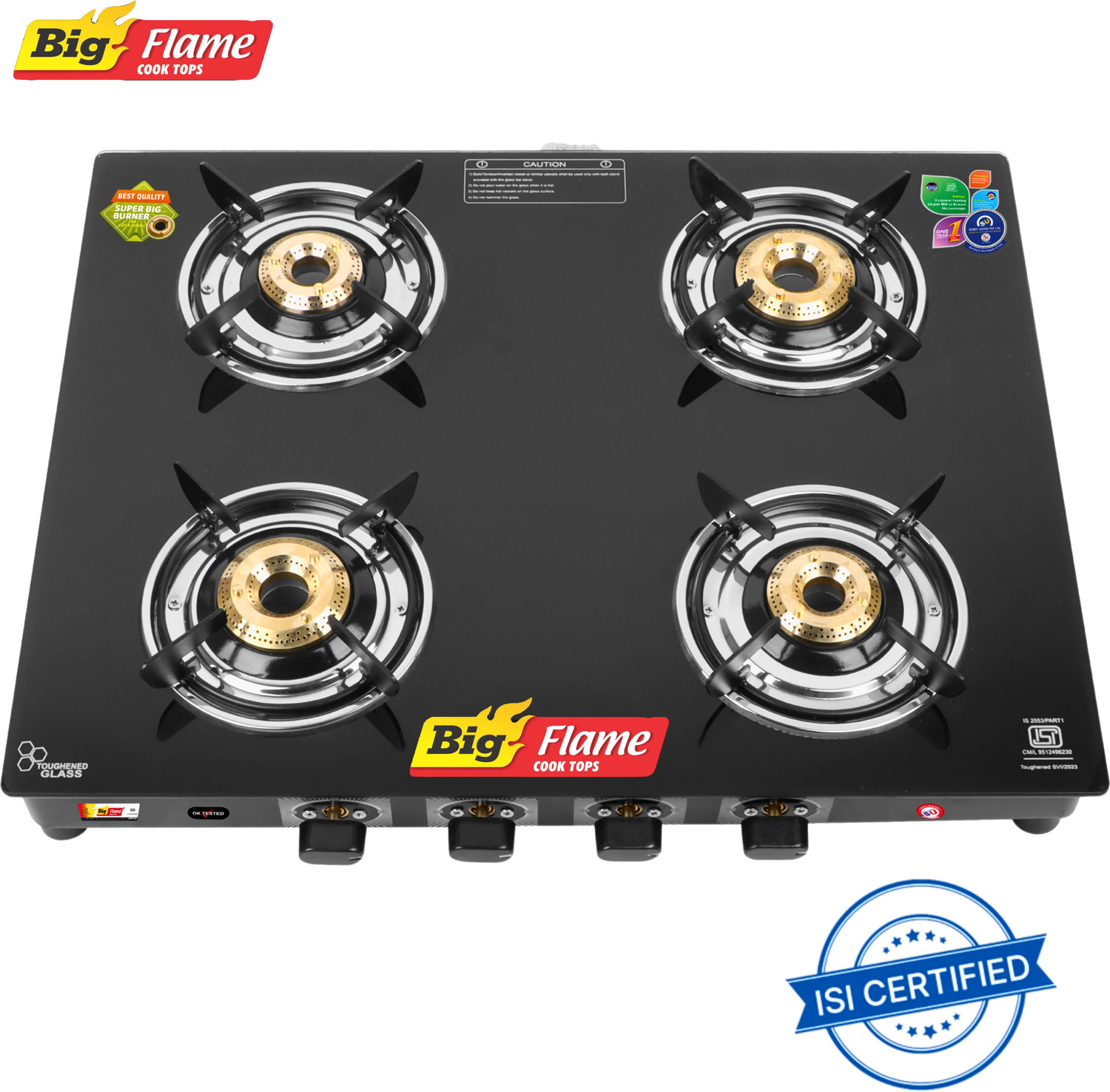 BIGFLAME Premium Highly Efficient brass burner tops With Energy save valve Glass Manual Gas Stove