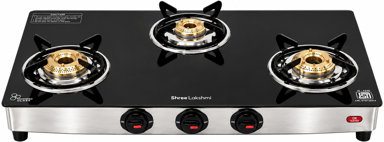 SHREE LAKSHMI 3 Burner Black SS Mirror Glass Manual Gas Stove