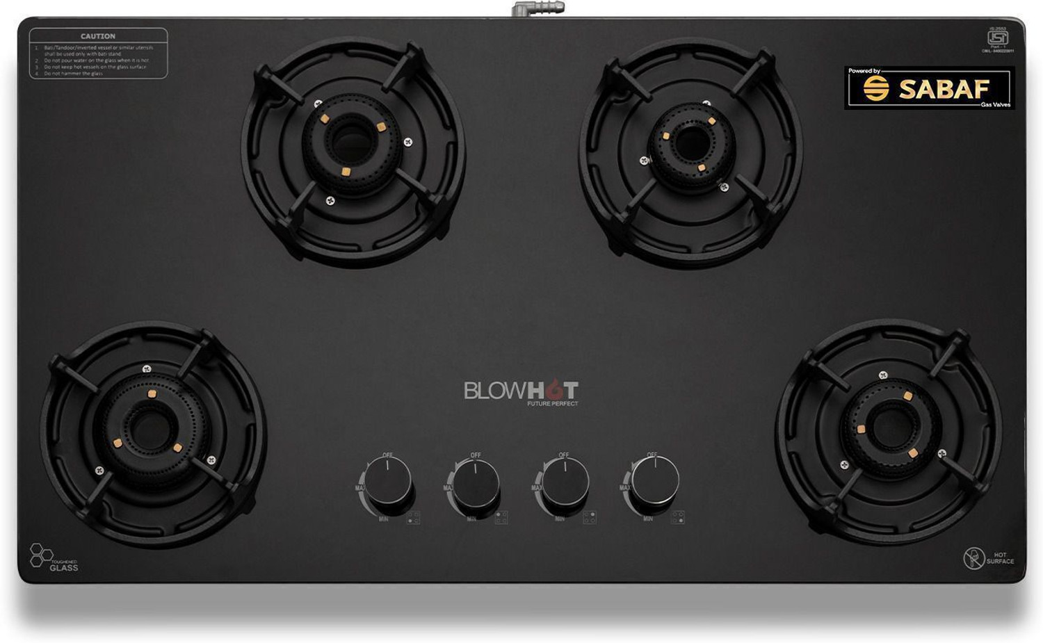 BLOWHOT Amber 4B, Coated Forged Indian Brass Burners, Hybrid Design, SABAF Gas Valve Glass, Iron Manual Gas Stove