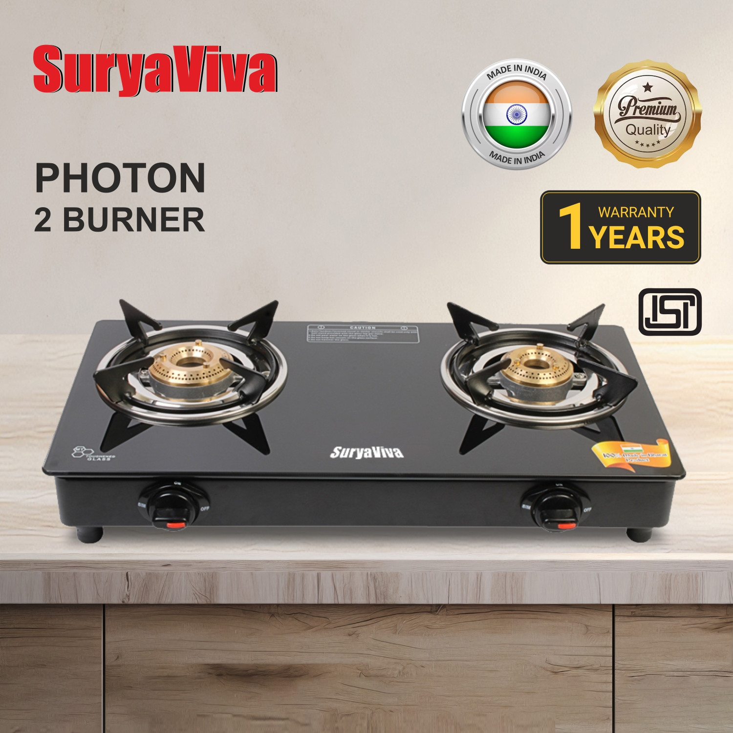 Suryaviva 2B BK Toughened 2 Cast Iron Glass Manual Gas Stove - Image 6