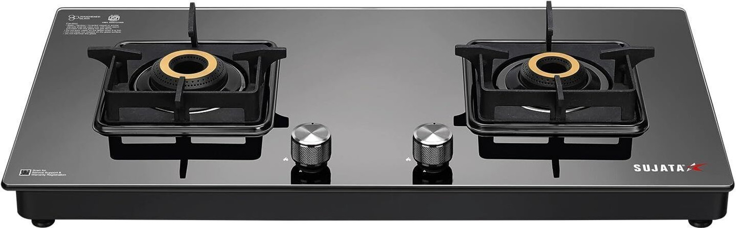 Image of FABER Jumbo Black 2 Brass Burner Glass Manual Gas Stove (2 Burners)