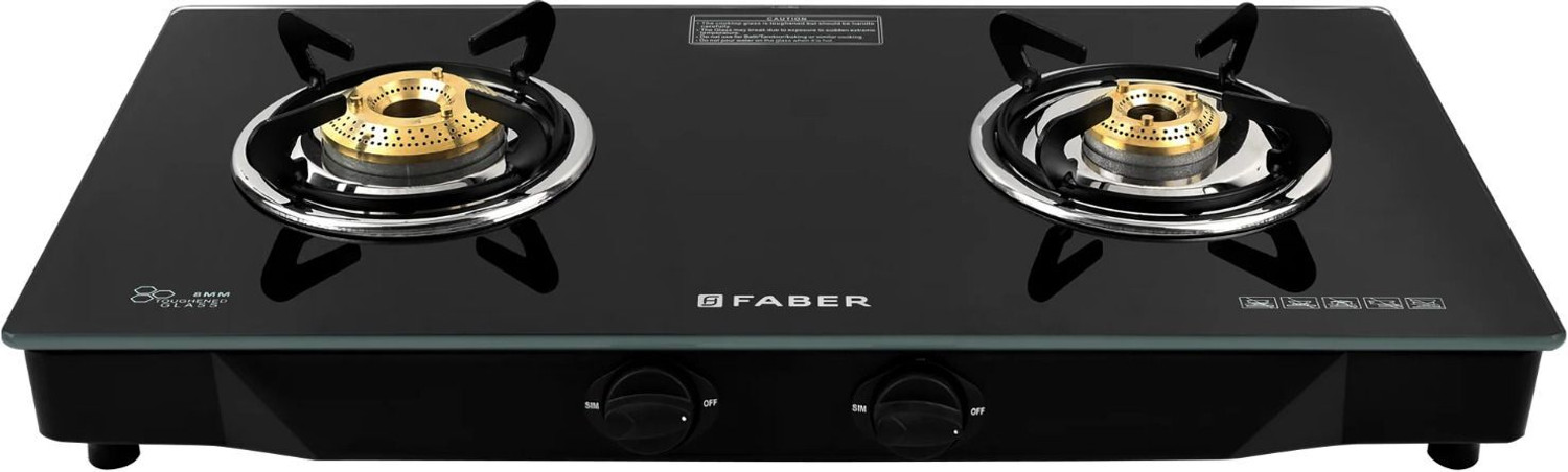 Image of FABER Jumbo Black 2 Brass Burner Glass Manual Gas Stove (2 Burners)