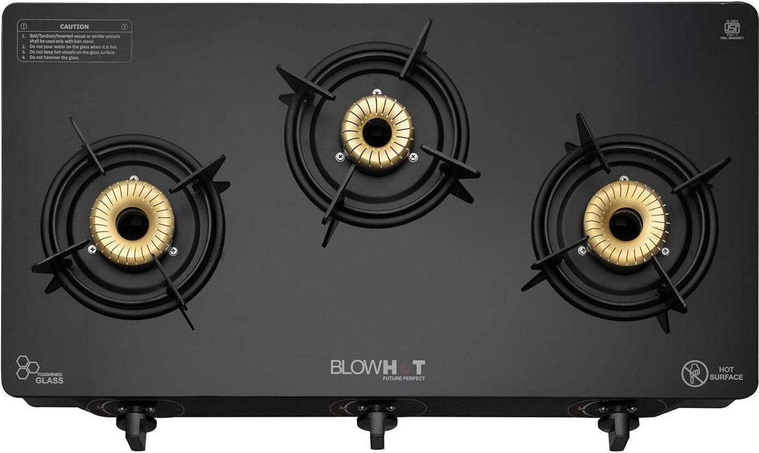 BLOWHOT Pearl Heavy Brass 3 Burner Stove Stainless Steel Frame 1 Year Warranty Toughened Glass, Iron Automatic Gas Stove