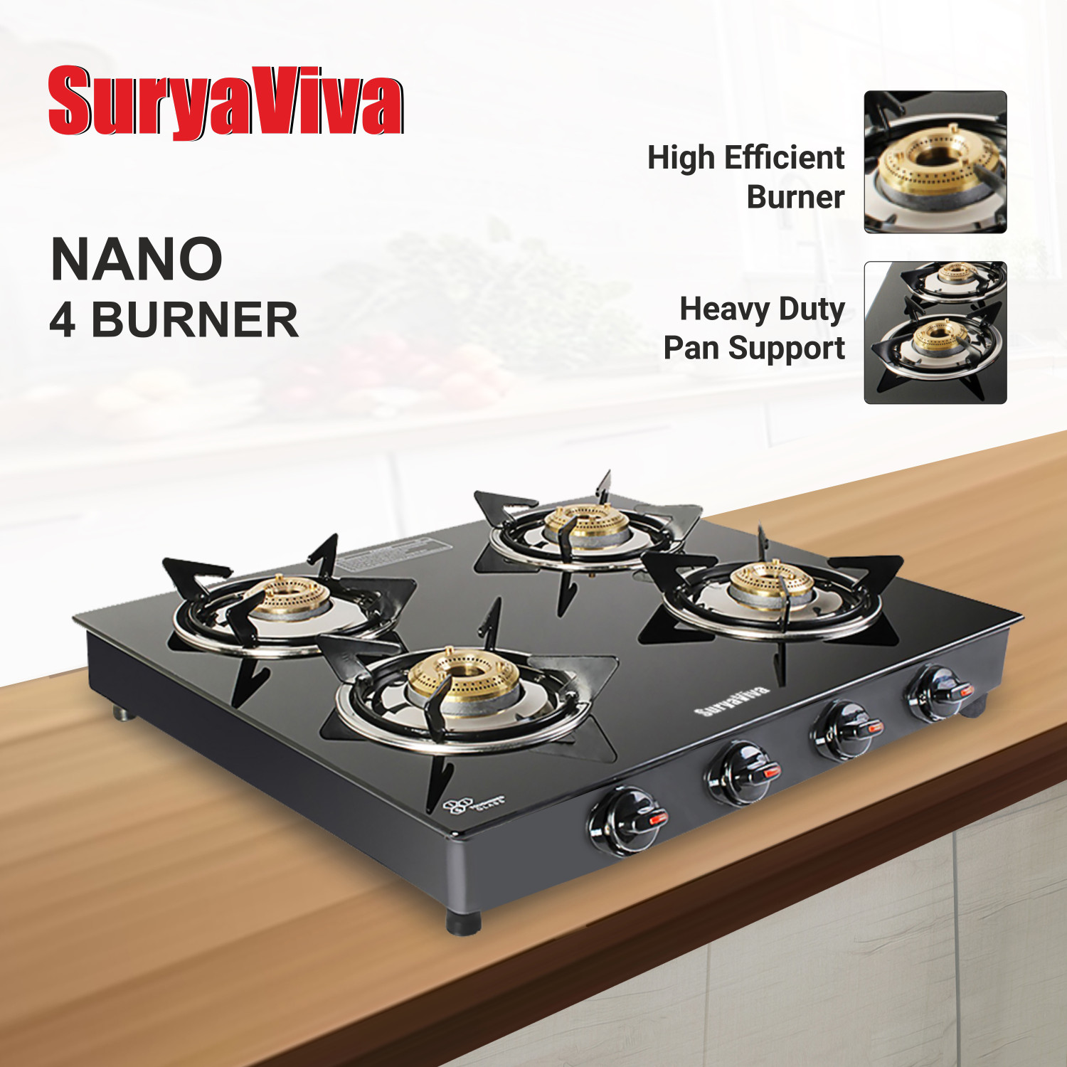 SURYAVIVA Nano 4B BK Toughened Glass 4 Cast Iron (Manual Ignition,Black) Glass Manual Gas Stove Price in India - Buy SURYAVIVA Nano 4B BK Toughened Glass 4 Cast Iron (Manual Ignition,Black) Glass Manual Gas Stove online at Flipkart.com