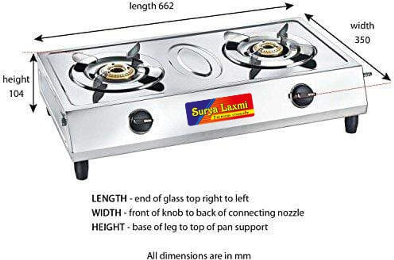 Image of SURYALAXMI TWO BURNER STAINLESS STEEL GAS STOVE | MANUAL IGNITION | FREE GAS LIGHTER | Stainless Steel Manual Gas Stove (2 Burners)
