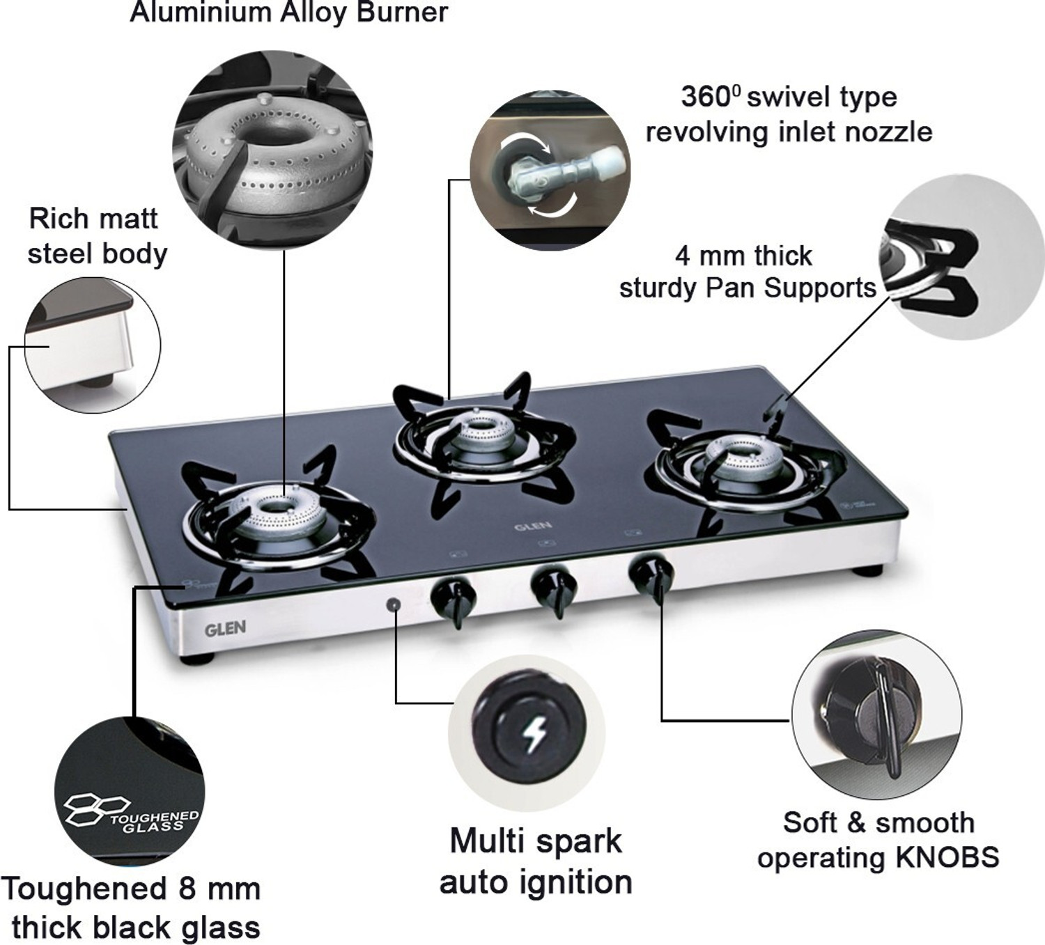 Image of Glen 1033 GT XL AI Glass Automatic Gas Stove (3 Burners)