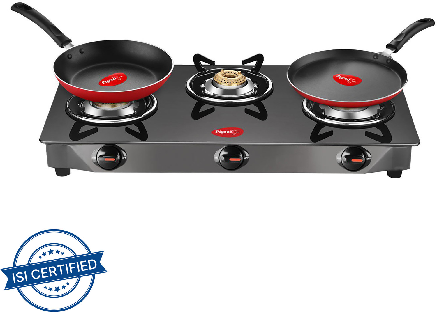 Pigeon Combo - Brunet Cooktop + Flat tawa 250 + Fry Pan 240 Glass Manual Gas Stove (3 Burners) - Image 1