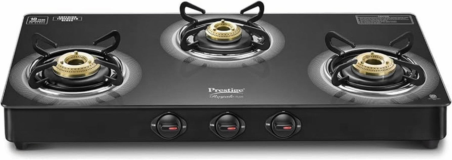 Prestige Royale Plus GT 03L Toughened Black Glass Top with Baati/Tandoor Stand Inside Glass Manual Gas Stove (3 Burners) - Image 1