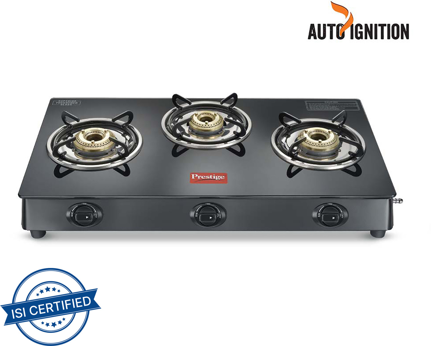 Prestige Atlas Plus High Effient Brass burner & Toughened Glass Automatic Gas Stove (3 Burners) - Image 1