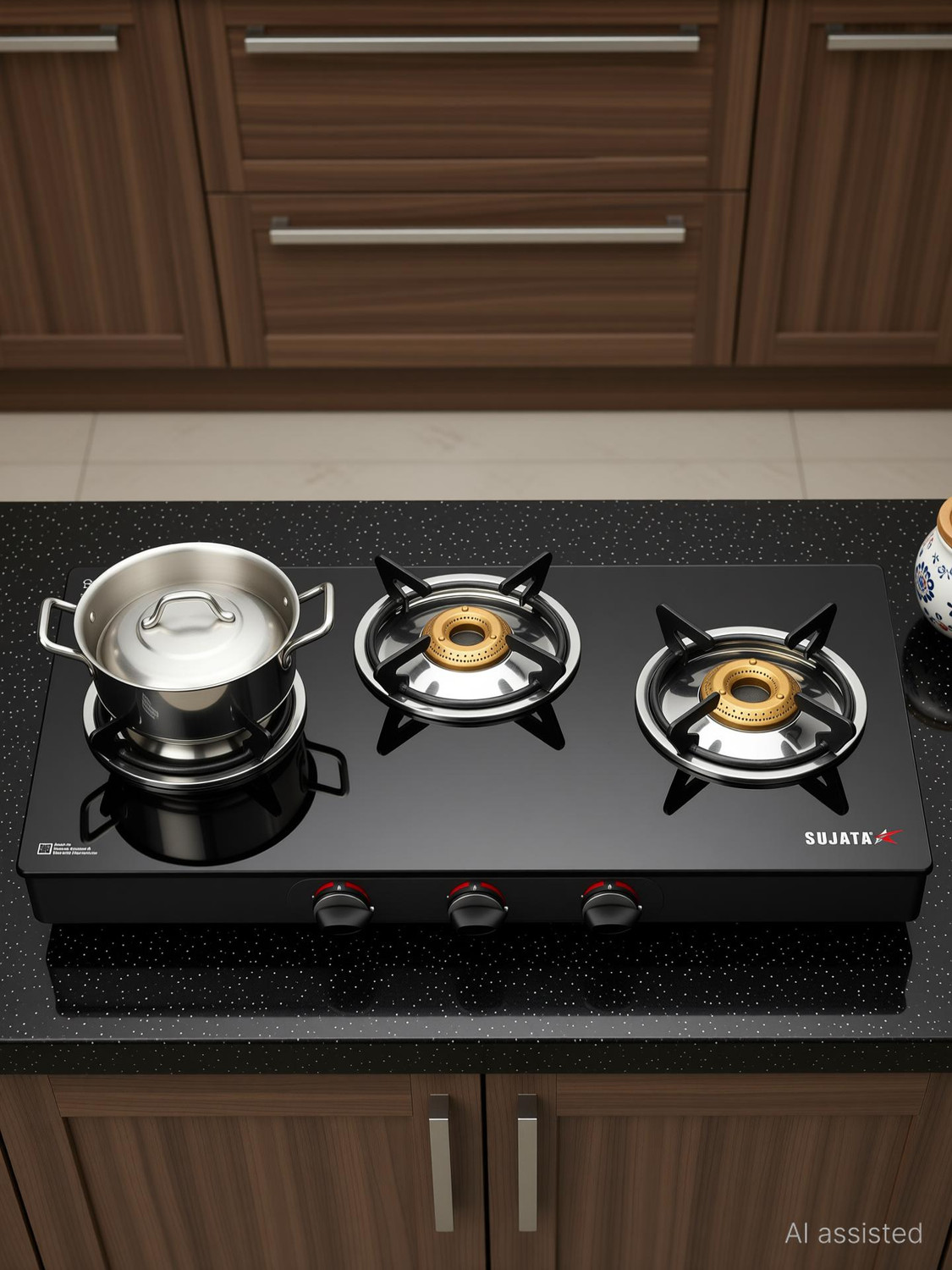 SUJATA Gas Stove 3 Burner |Gas Chulha for Kitchen | ISI Certified |LPG & PNG Compatible Glass Manual Gas Stove