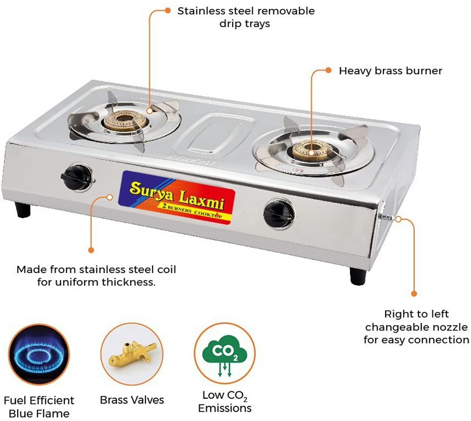 Image of SURYALAXMI TWO BURNER STAINLESS STEEL GAS STOVE | MANUAL IGNITION | FREE GAS LIGHTER | Stainless Steel Manual Gas Stove (2 Burners)