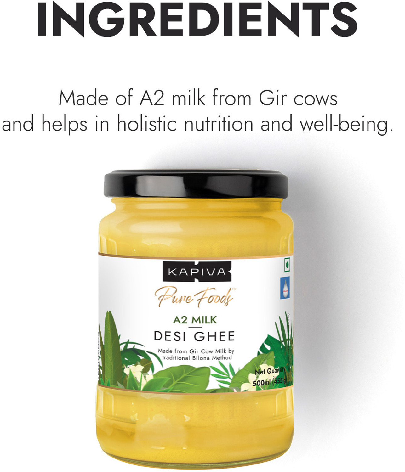Image of Kapiva A2 Desi Ghee (Helps Reduces Joint Pain and Improves Heart Functioning) Glass Bottle (1000 ml, Pack of 2)