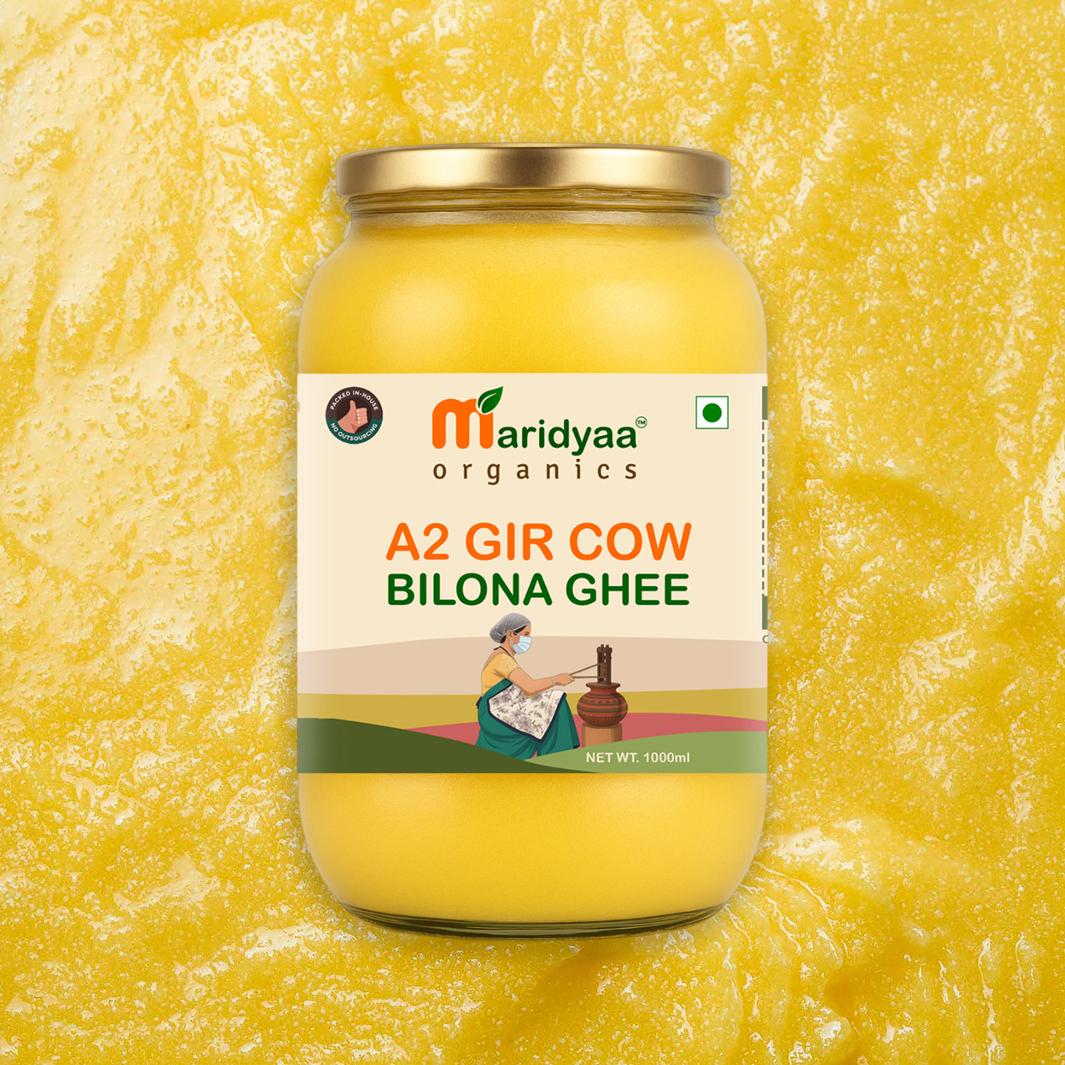 Image of Maridyaa Organics A2 Gir Cow Vedic Bilona Grass-Fed | Curd Churned | Lactose-Free Ghee Glass Bottle (1000 ml)