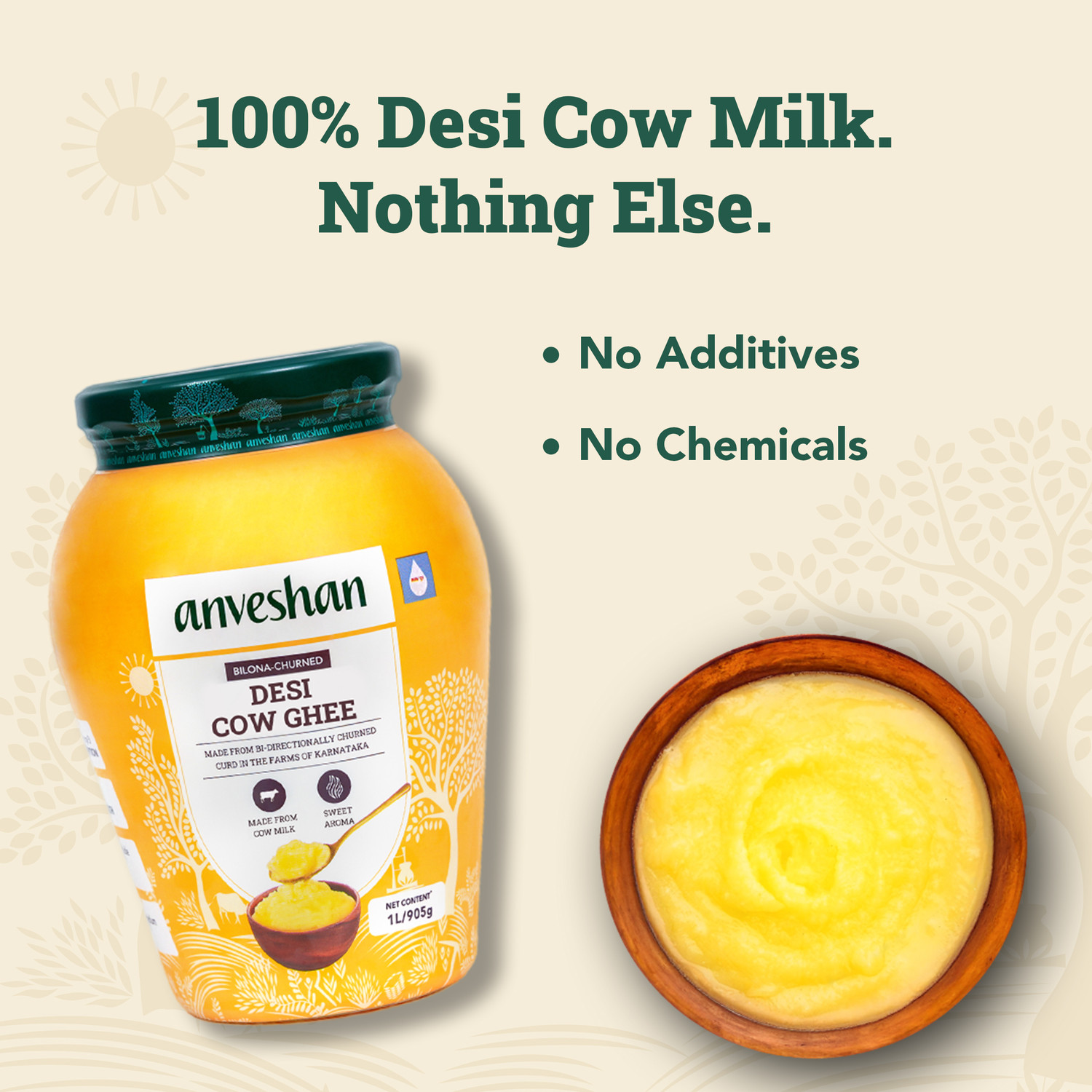 Image of Anveshan A2 Desi Cow Ghee (1 Litre x 2 Jars) | Traditionally Bilona-Churned Ghee Mason Jar (2000 ml, Pack of 2)