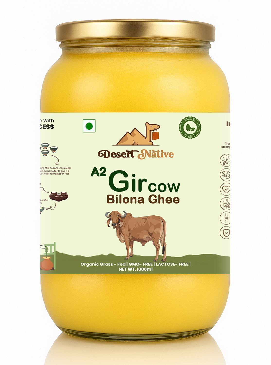 Image of Maridyaa Organics A2 Gir Cow Vedic Bilona Grass-Fed | Curd Churned | Lactose-Free Ghee Glass Bottle (1000 ml)
