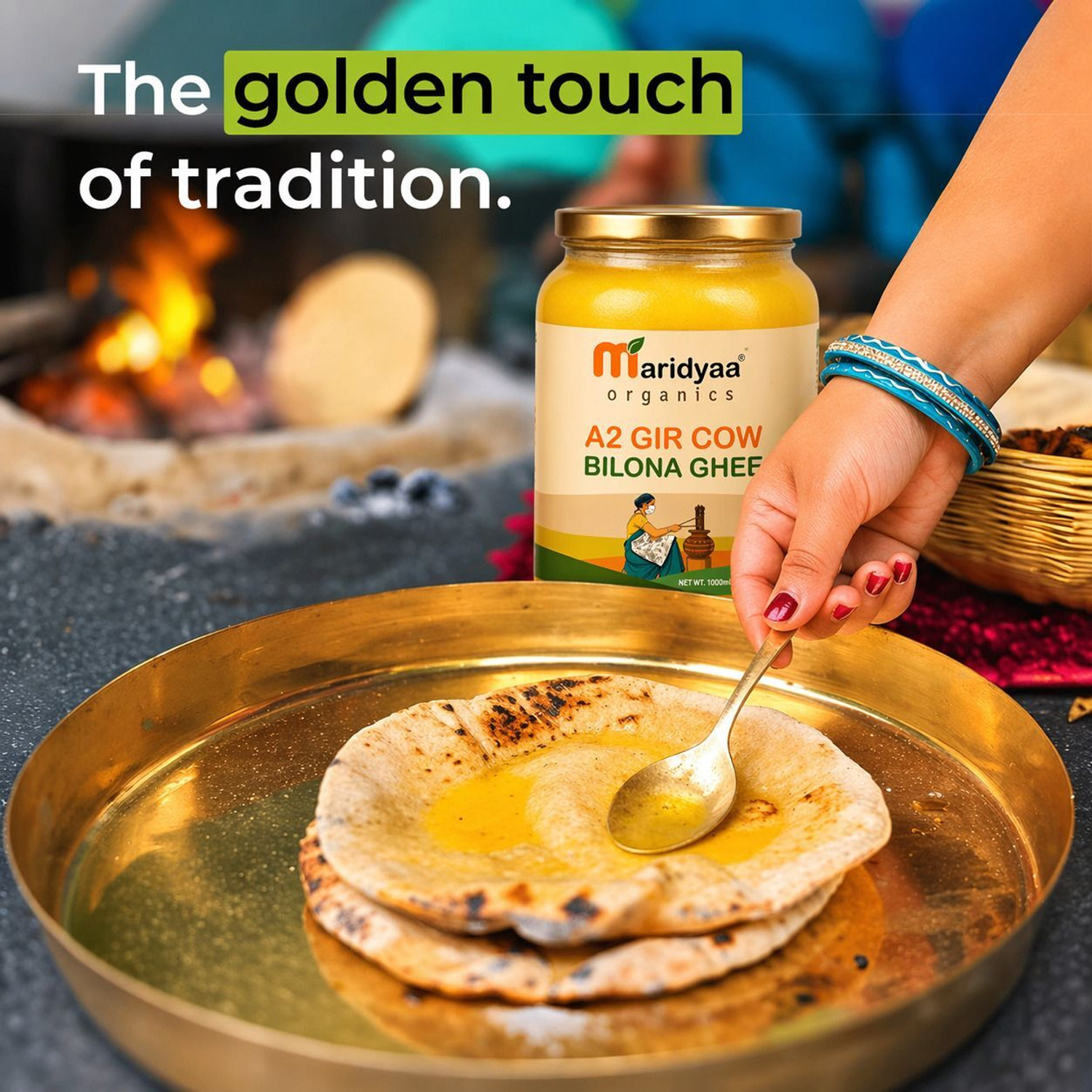Image of Maridyaa Organics A2 Gir Cow Vedic Bilona Grass-Fed | Curd Churned | Lactose-Free Ghee Glass Bottle (1000 ml)