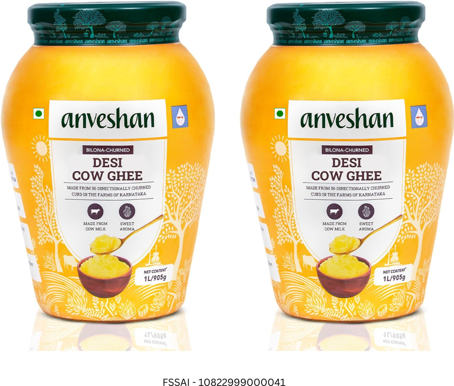 Image of Anveshan A2 Desi Cow Ghee (1 Litre x 2 Jars) | Traditionally Bilona-Churned Ghee Mason Jar (2000 ml, Pack of 2)