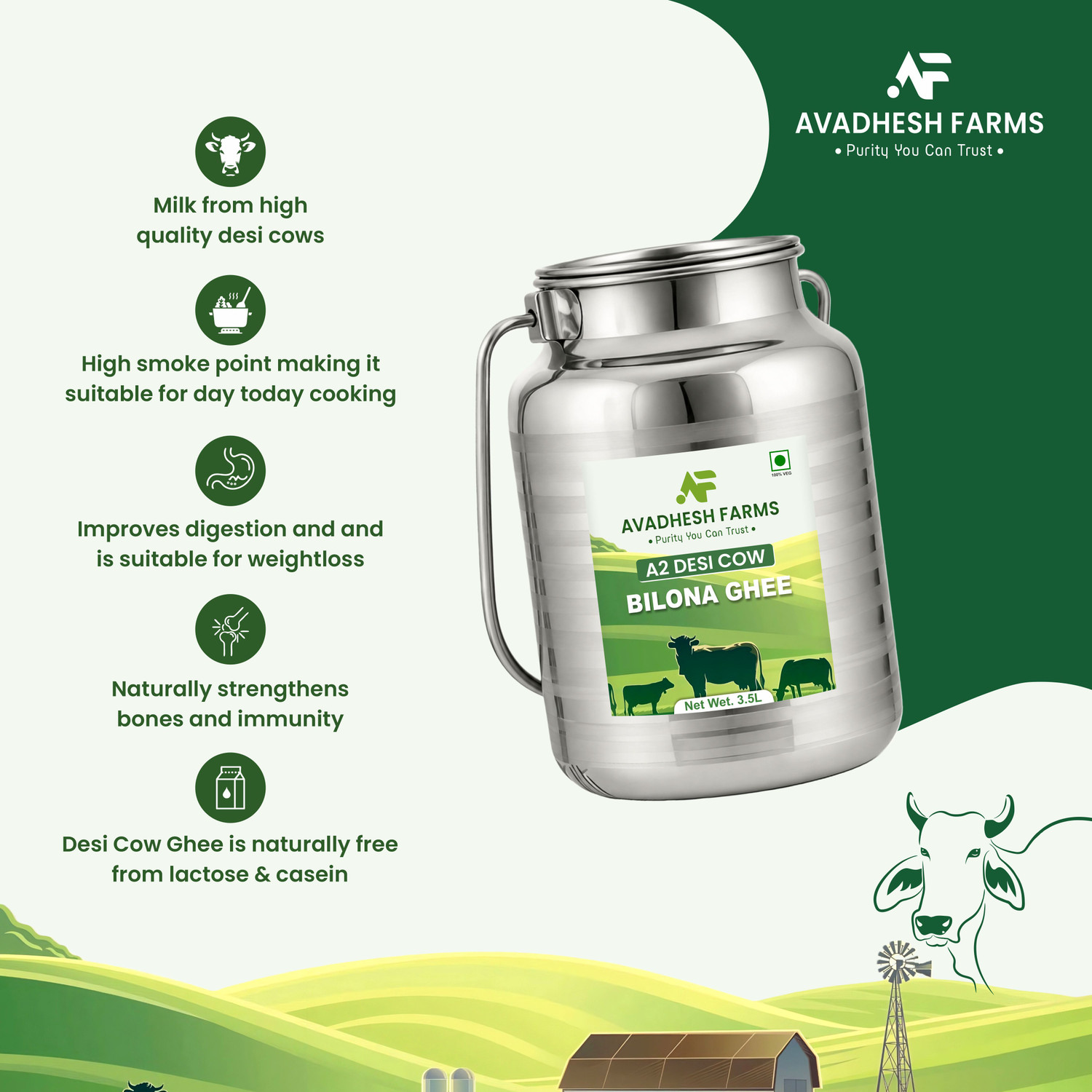 Image of Avadhesh Farms A2 Desi Cow Ghee | Vedic Bilona Method | Grass-Fed | 100% Pure & Natural Ghee Ghee Tin (3.5 L)