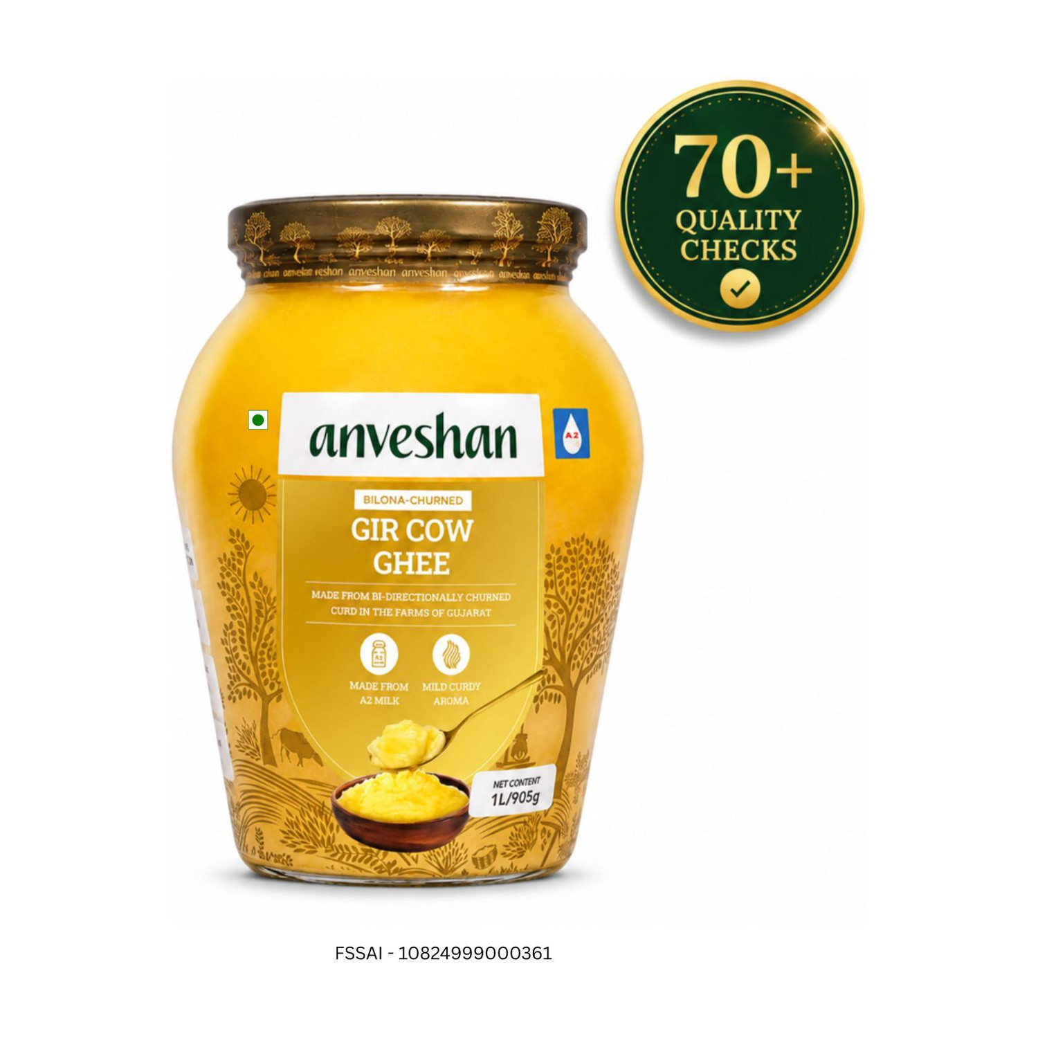Image of Anveshan A2 Desi Cow Ghee (1 Litre x 2 Jars) | Traditionally Bilona-Churned Ghee Mason Jar (2000 ml, Pack of 2)