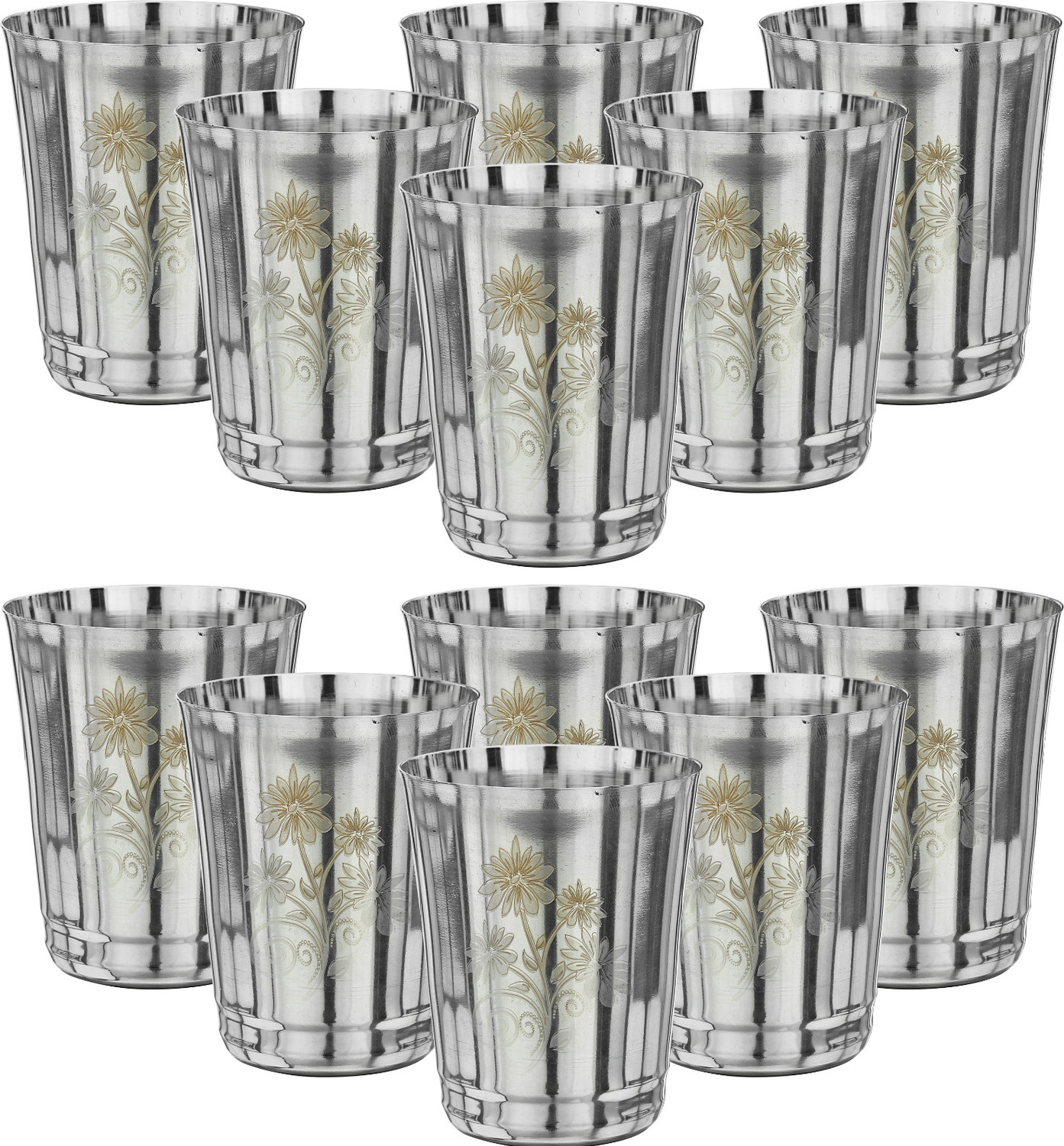 Image of Jensons (Pack of 6) Flora Shape Premium Stainless Steel Unbreakable Drinking Glass Set Water /Juice Glass (350 ml, Steel, Silver)