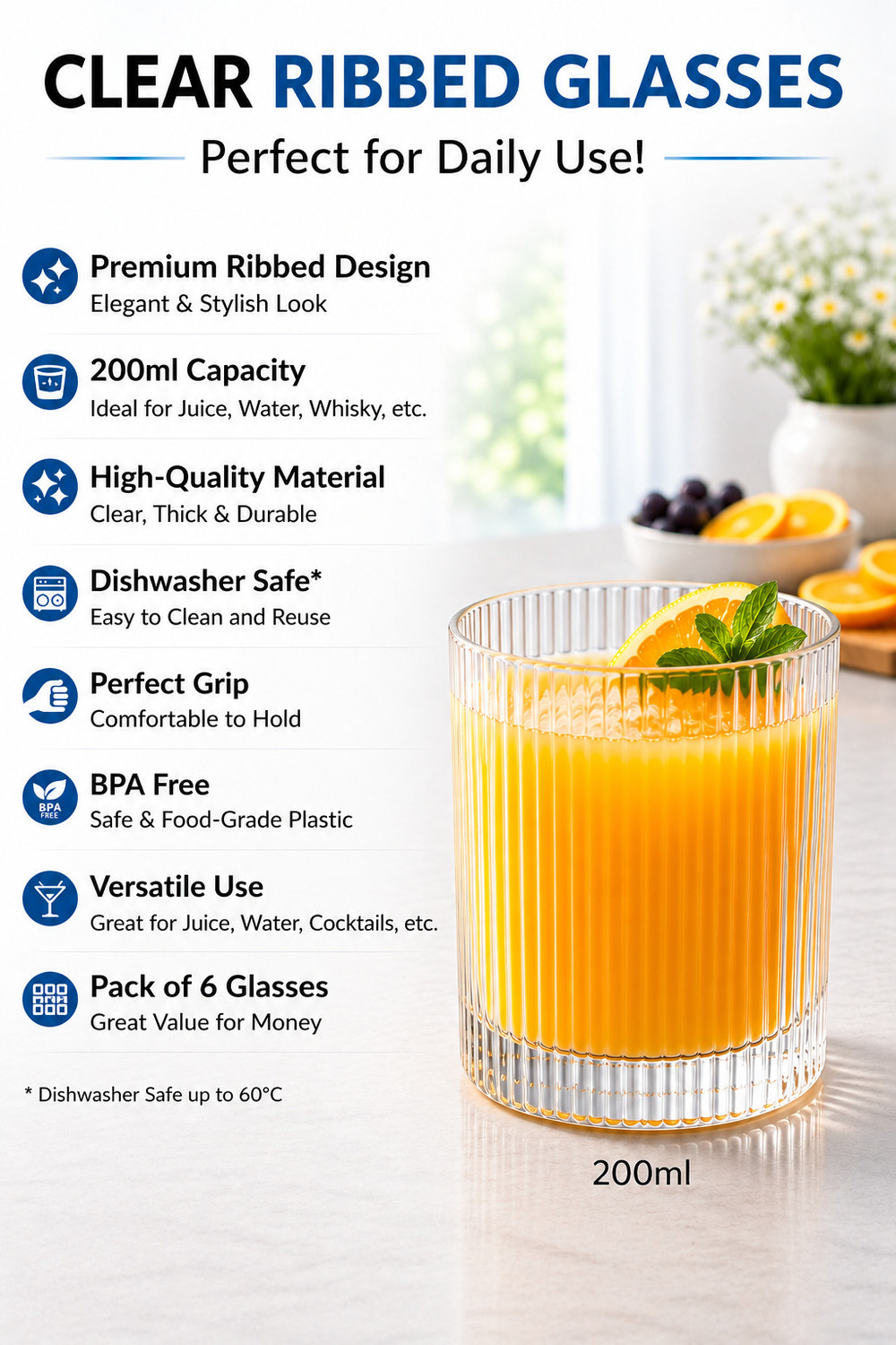Image of Crystalglasses (Pack of 6) Glass Set for Juice /Coke /Mocktails /Coffee / 200 ML Glass Set Water /Juice Glass (200 ml, Glass, Clear)