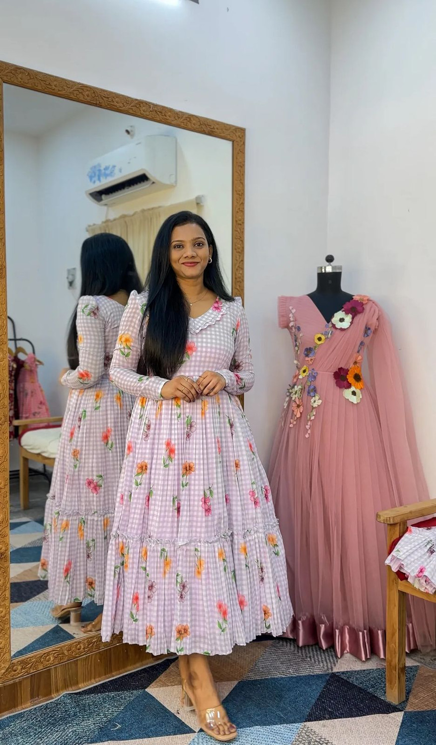 Image of RJH Cotton Linen Stitched Flared /A-line Gown (Pink)