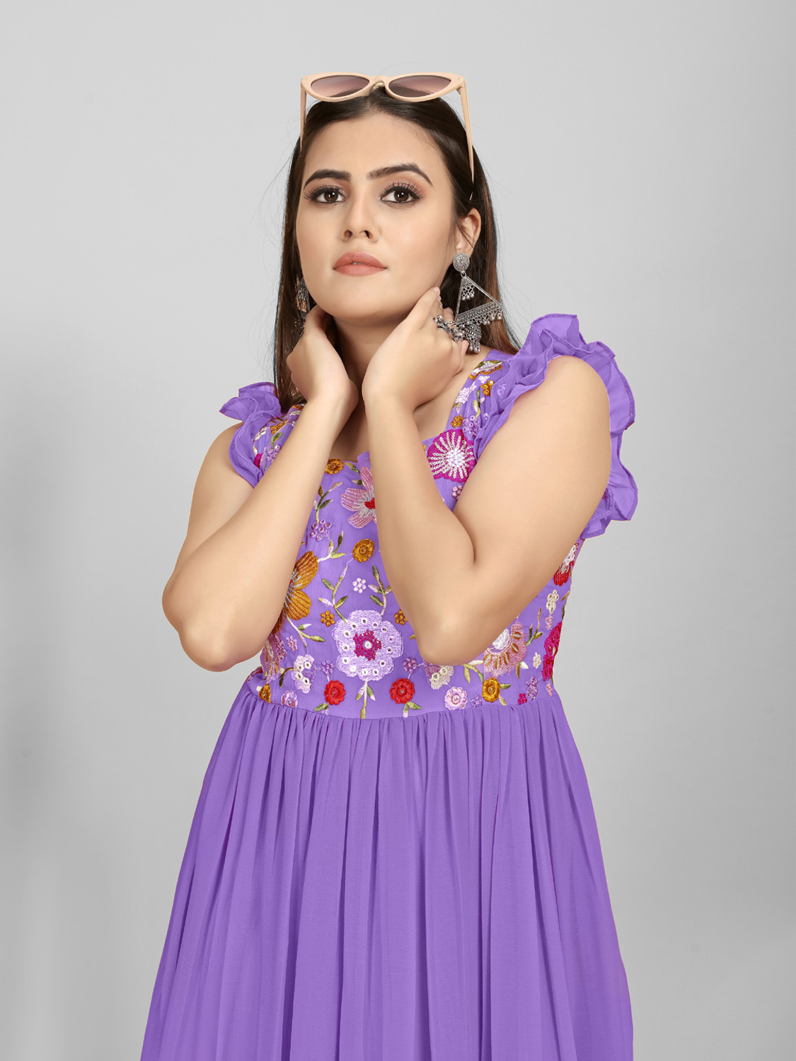 Image of AMALAK Embroidered Georgette Stitched Anarkali Gown (Purple)
