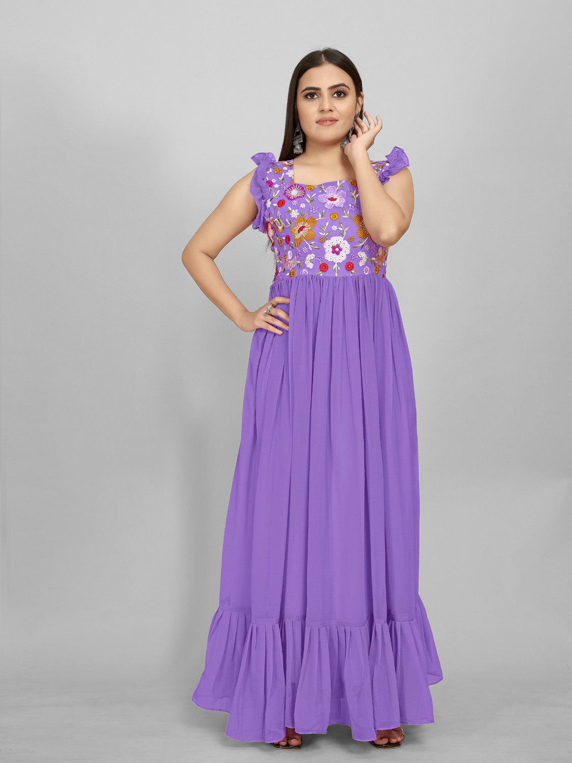 Image of AMALAK Embroidered Georgette Stitched Anarkali Gown (Purple)