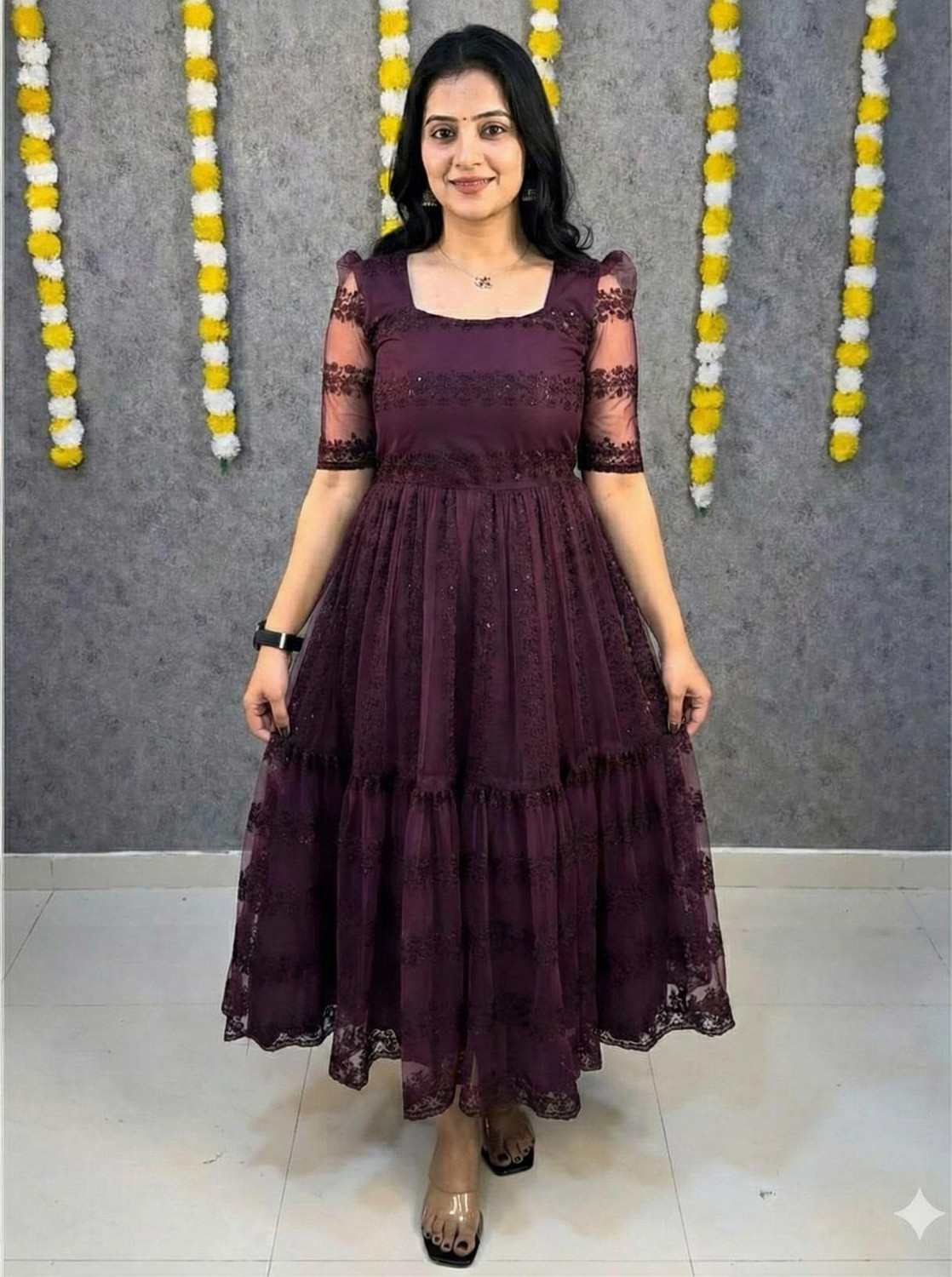Image of Nyari Wear Women Fit and Flare Maroon Above Knee /Mid Thigh Length Dress