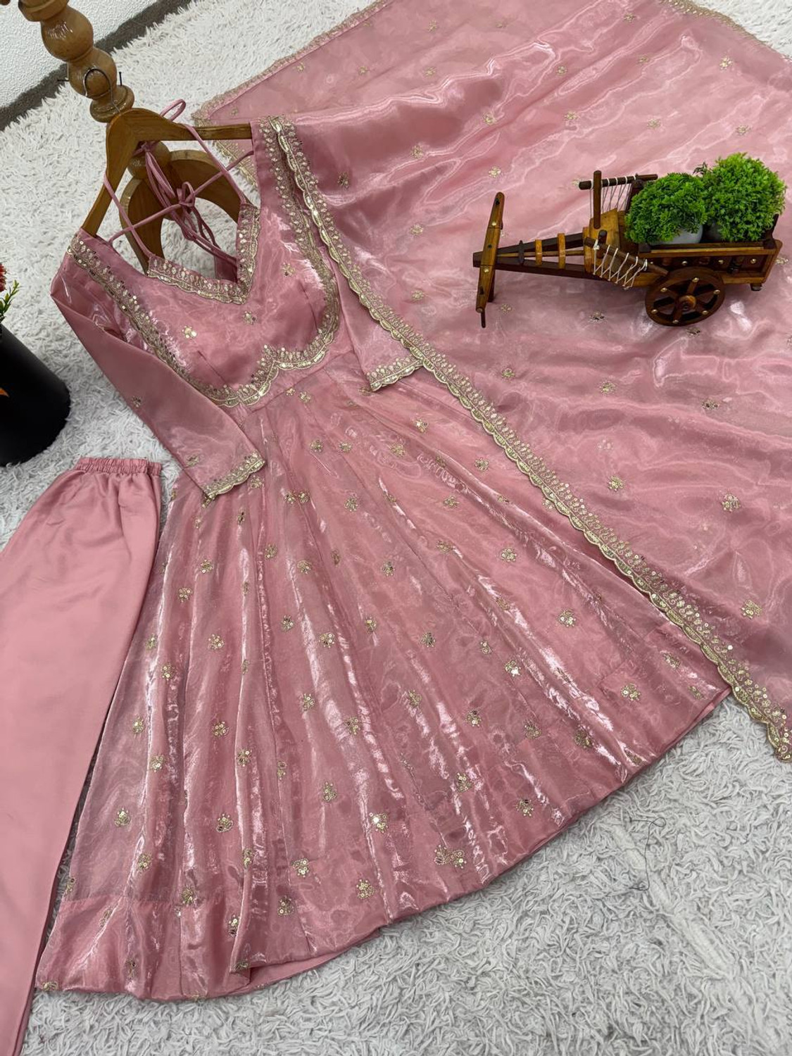Image of tirgiza Embroidered Silk Blend Stitched Anarkali Gown (Pink)