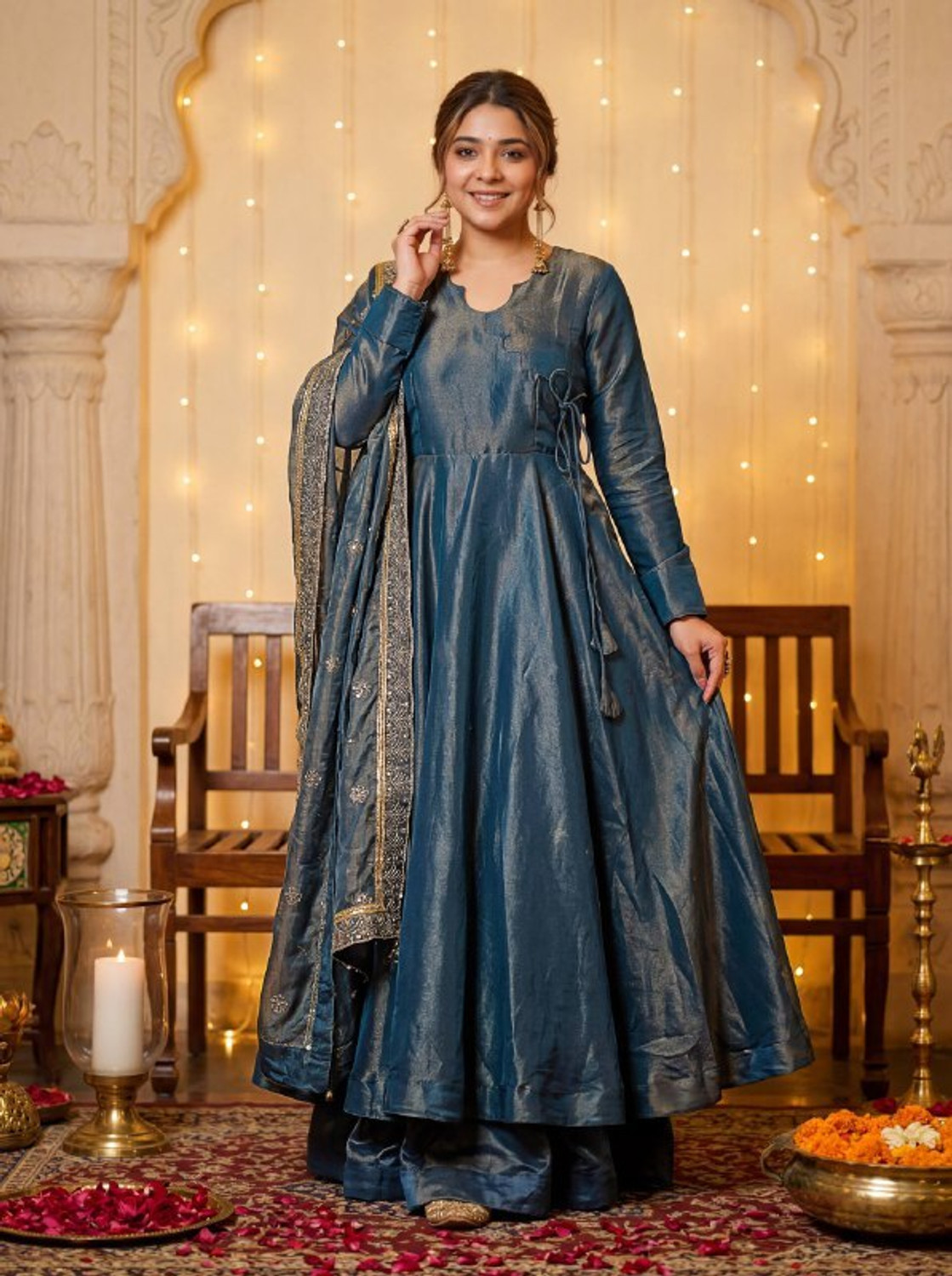 Image of RJH Cotton Linen Stitched Flared /A-line Gown (Pink)