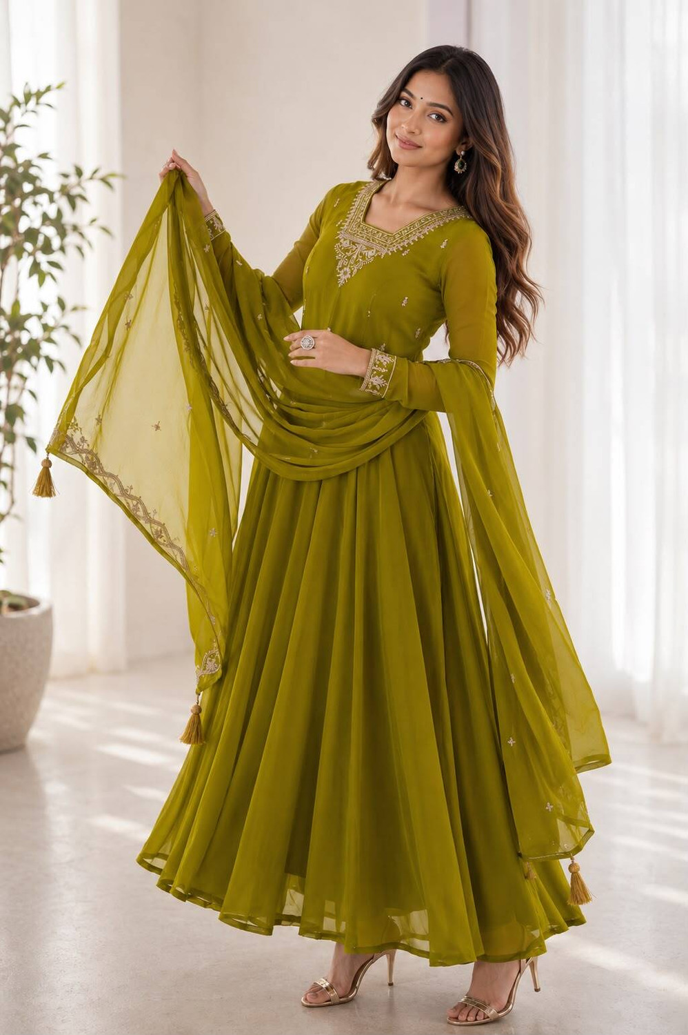 Image of RJH Cotton Linen Stitched Flared /A-line Gown (Pink)