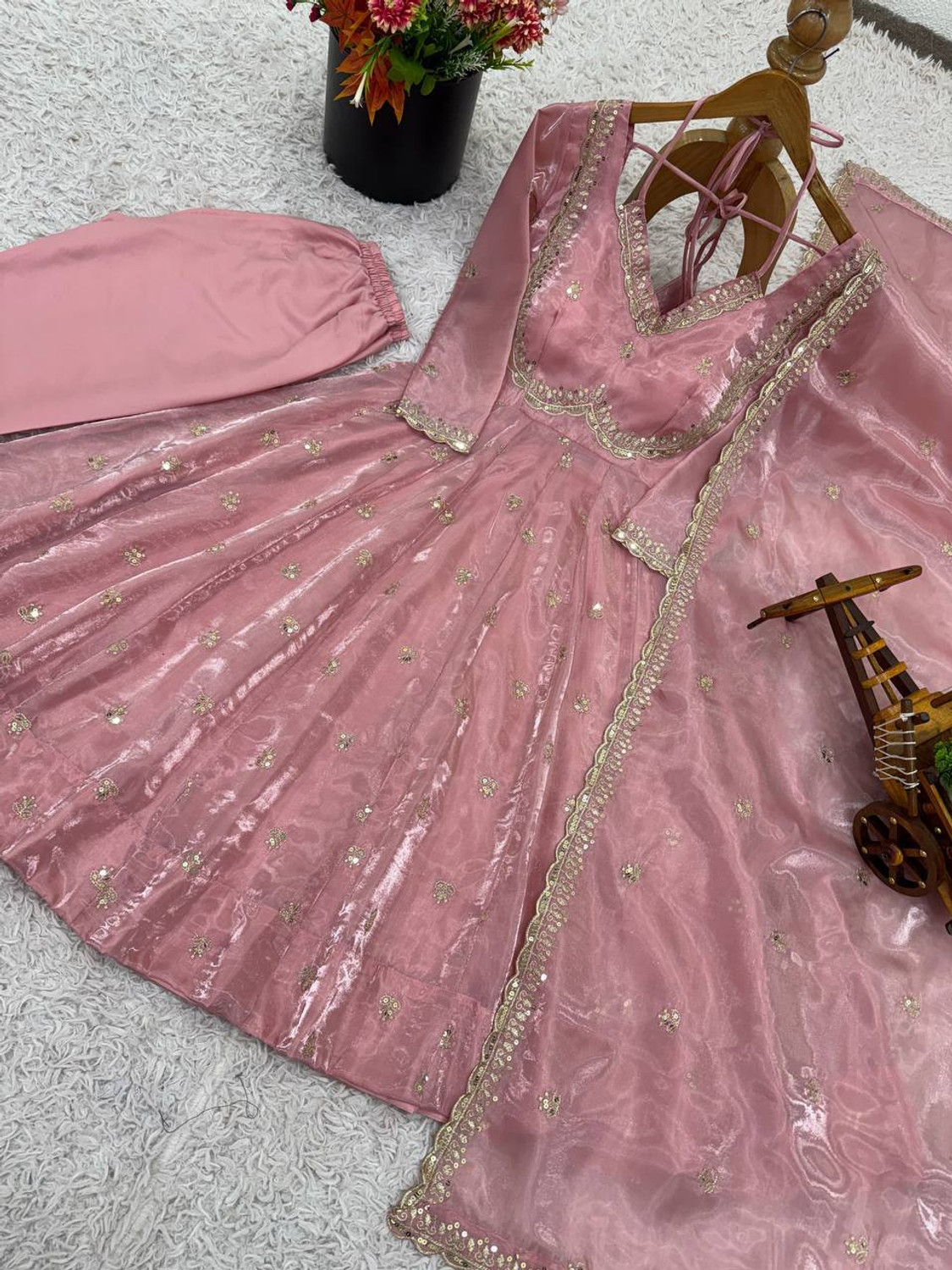 Image of tirgiza Embroidered Silk Blend Stitched Anarkali Gown (Pink)