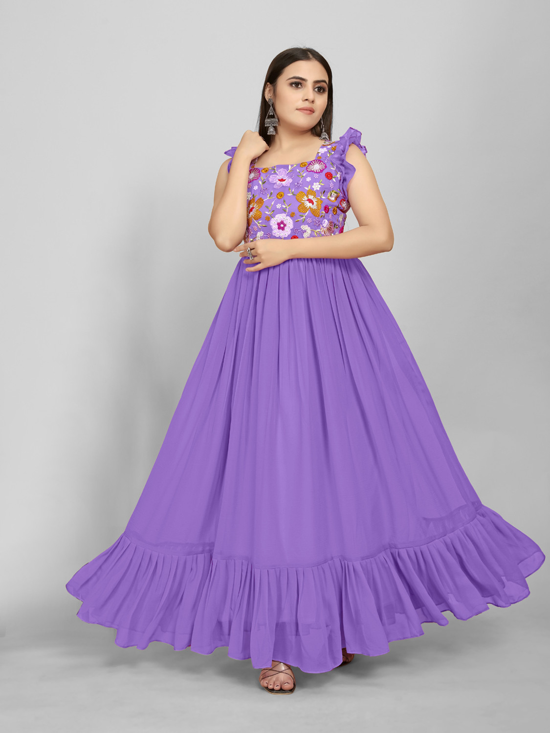 Image of AMALAK Embroidered Georgette Stitched Anarkali Gown (Purple)