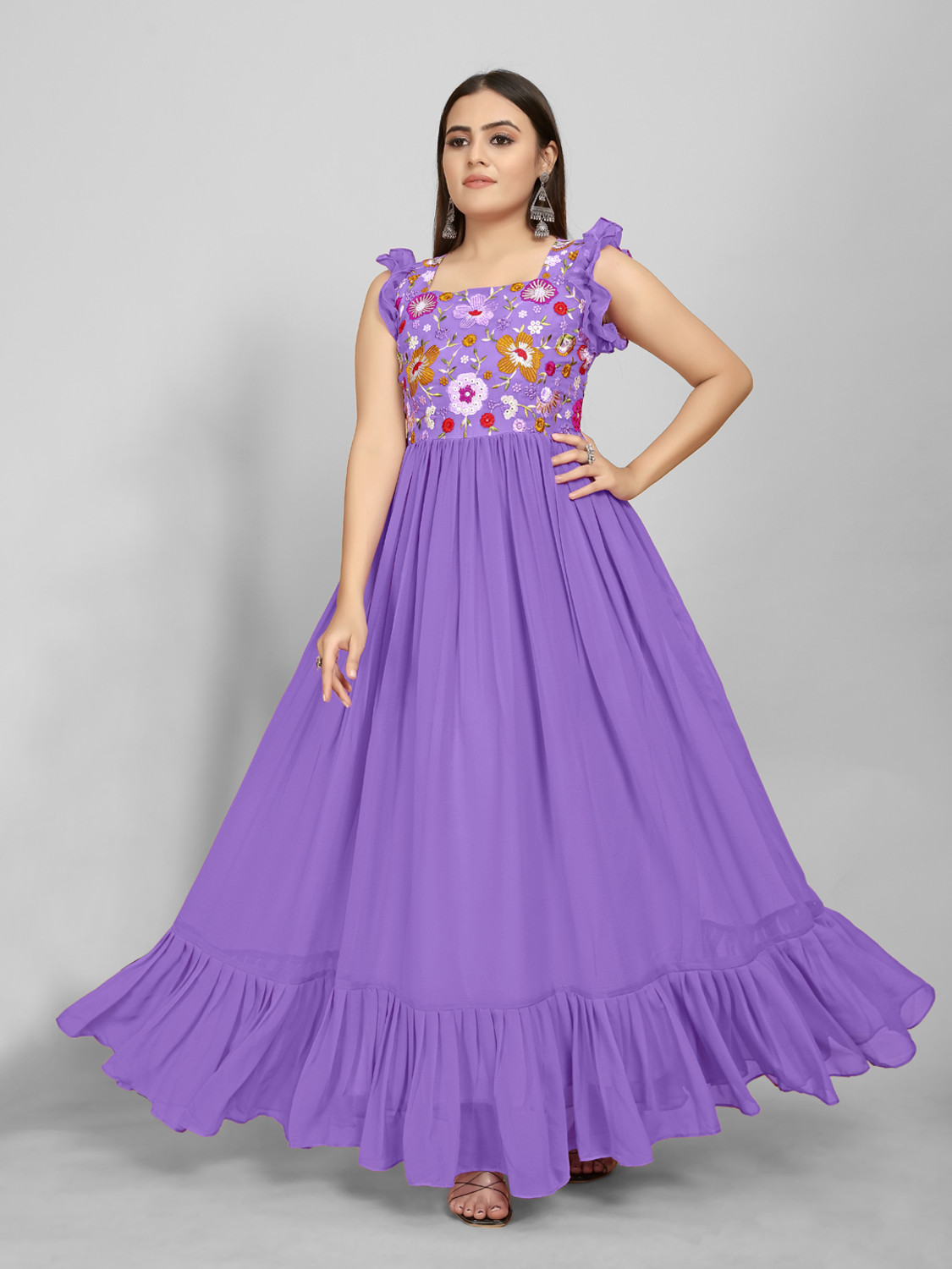 Image of AMALAK Embroidered Georgette Stitched Anarkali Gown (Purple)