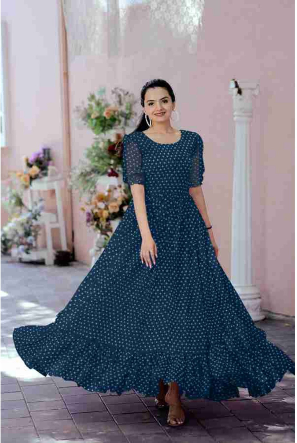Image of SHISHKALA Polka Print Georgette Stitched Flared /A-line Gown (Blue)