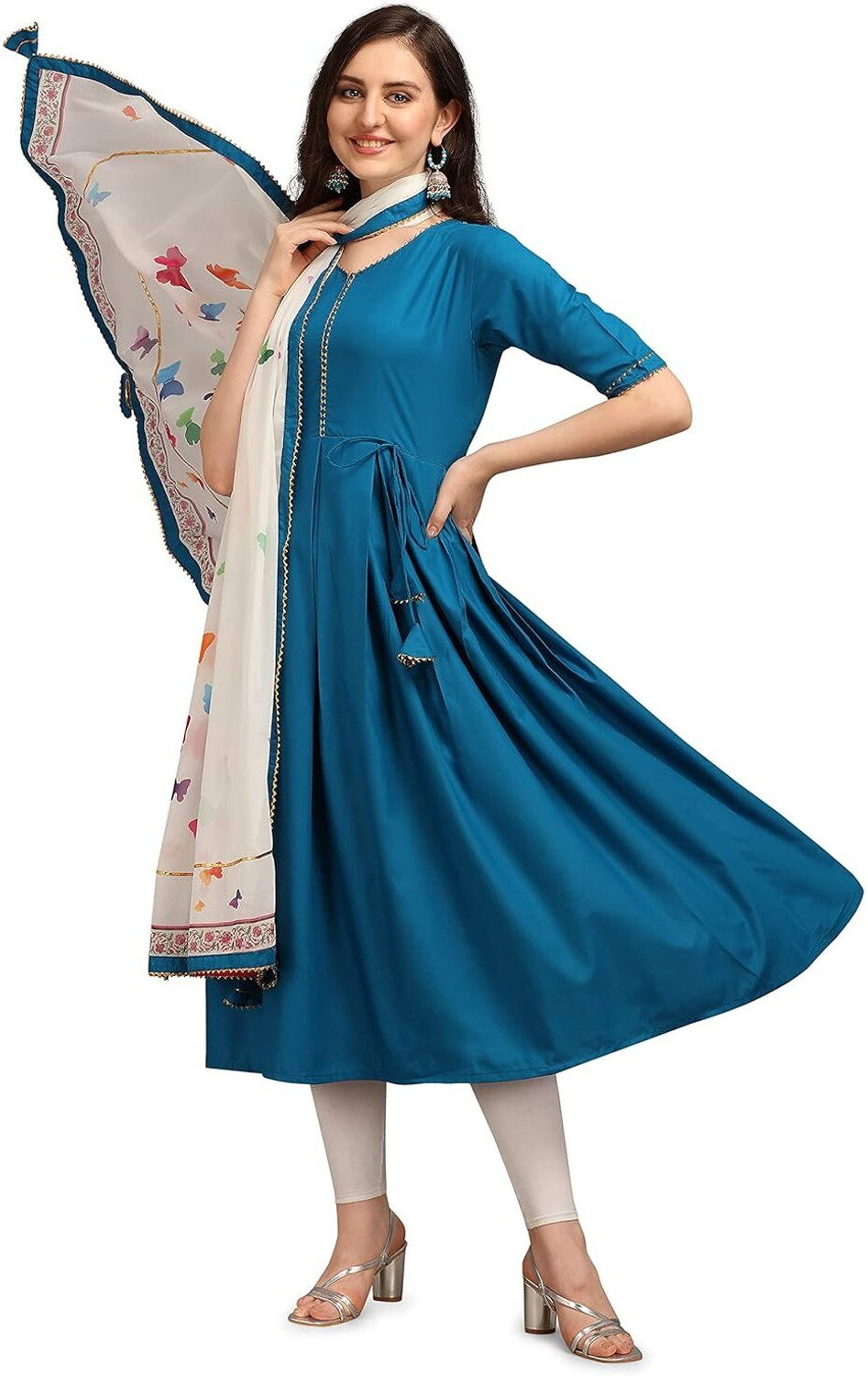 Image of RJH Cotton Linen Stitched Flared /A-line Gown (Pink)